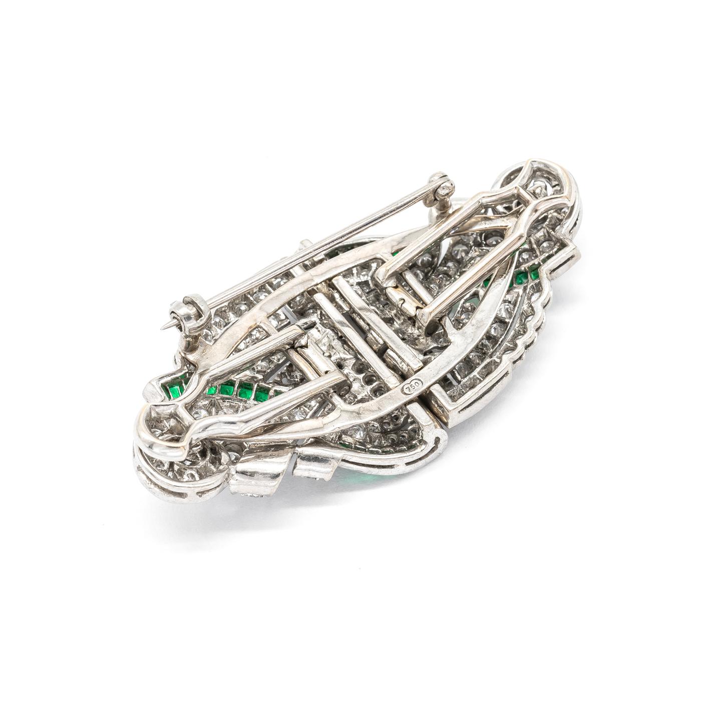 Emerald and Diamond Platinum Double Clip In Good Condition In London, GB