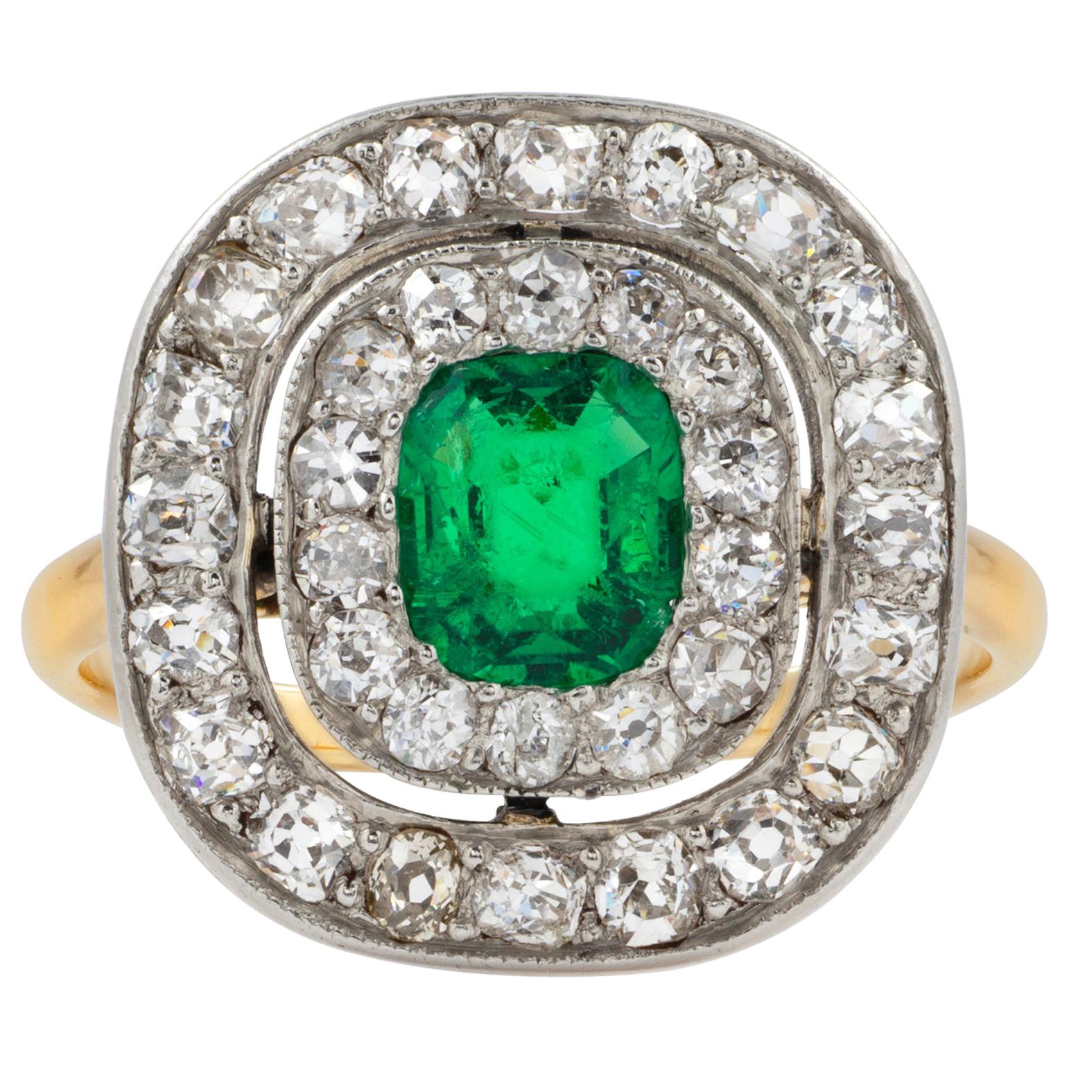 Emerald and Diamond Double-Cluster Ring For Sale