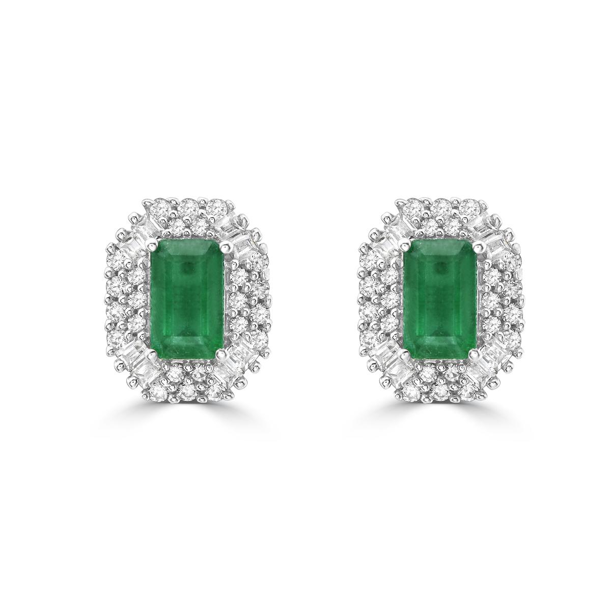 Emerald Cut Emerald and Diamond Double Halo Stud Earrings For Sale