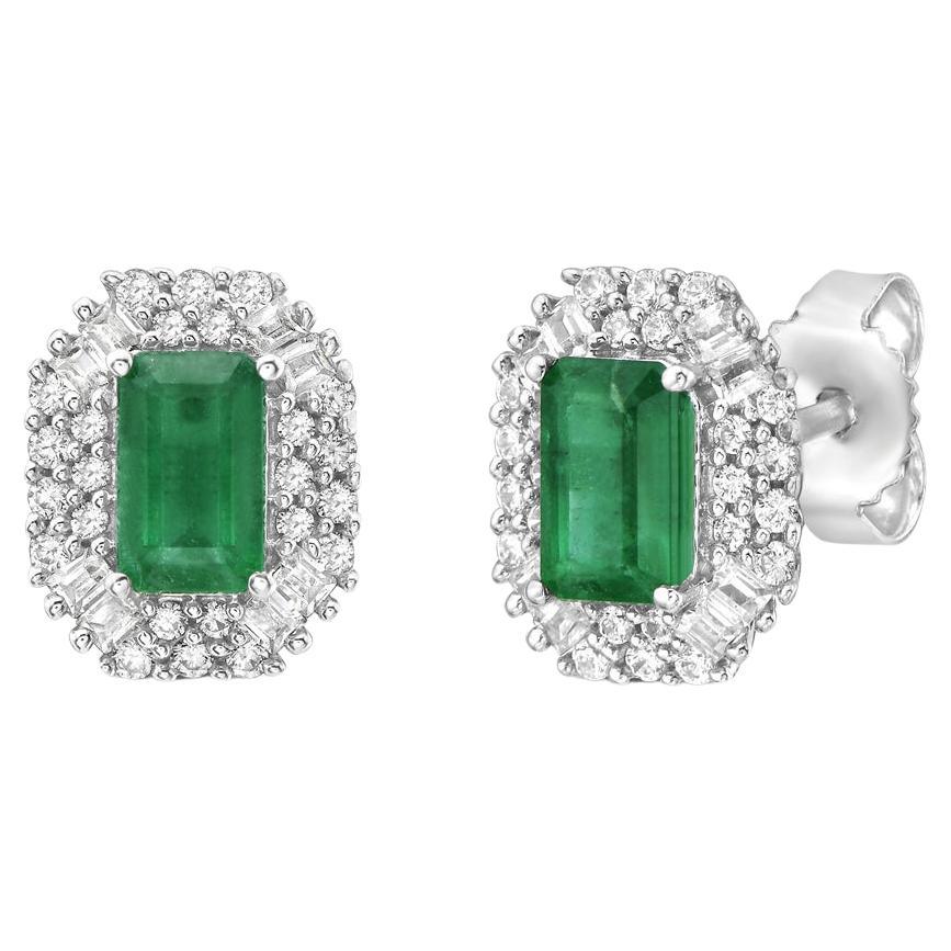 Emerald and Diamond Double Halo Stud Earrings For Sale