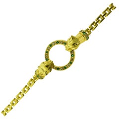 Emerald and Diamond Double Panther Head Circle Bracelet in 18 Karat Yellow Gold