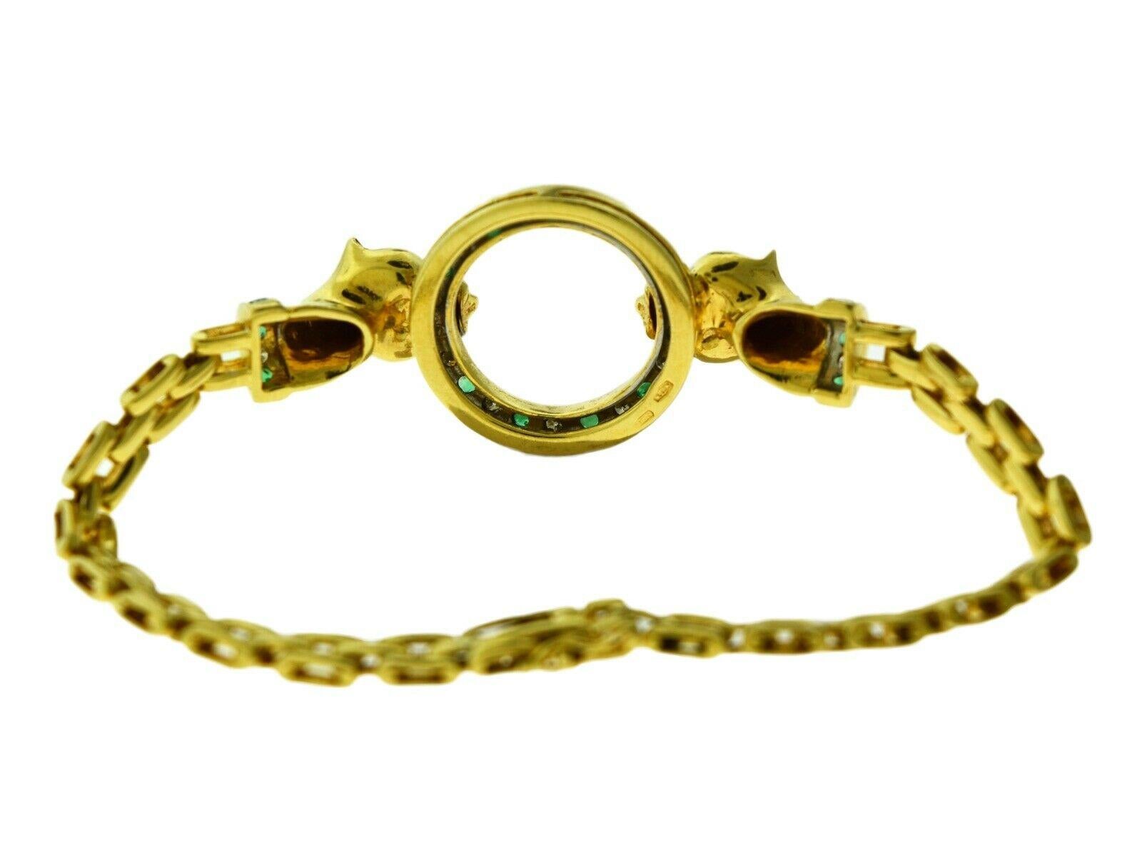 Round Cut Emerald and Diamond Double Panther Head Circle Bracelet in 18 Karat Yellow Gold