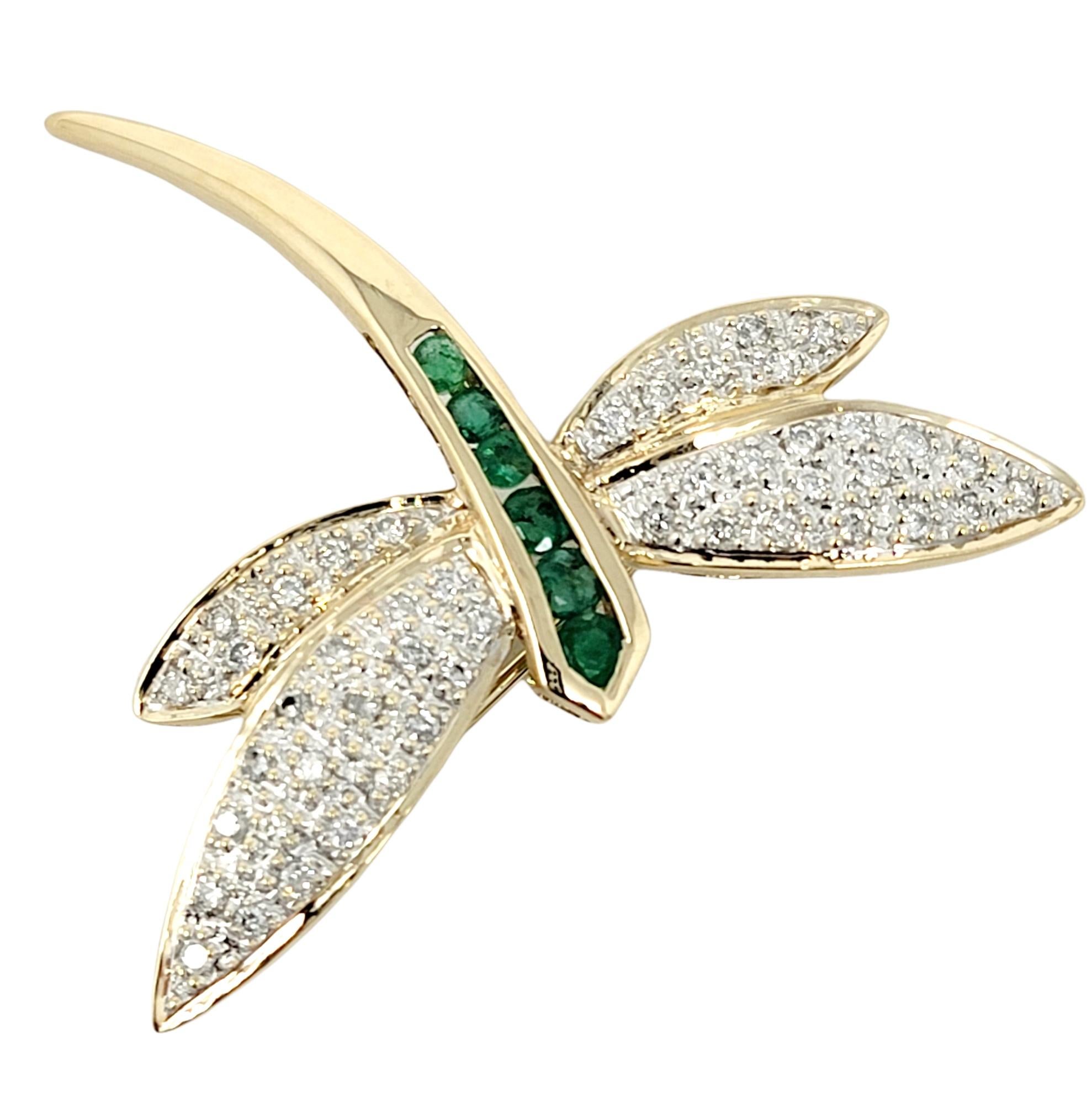 Contemporary Emerald and Diamond Dragonfly Brooch in 14 Karat Yellow Gold .75 Carats Total