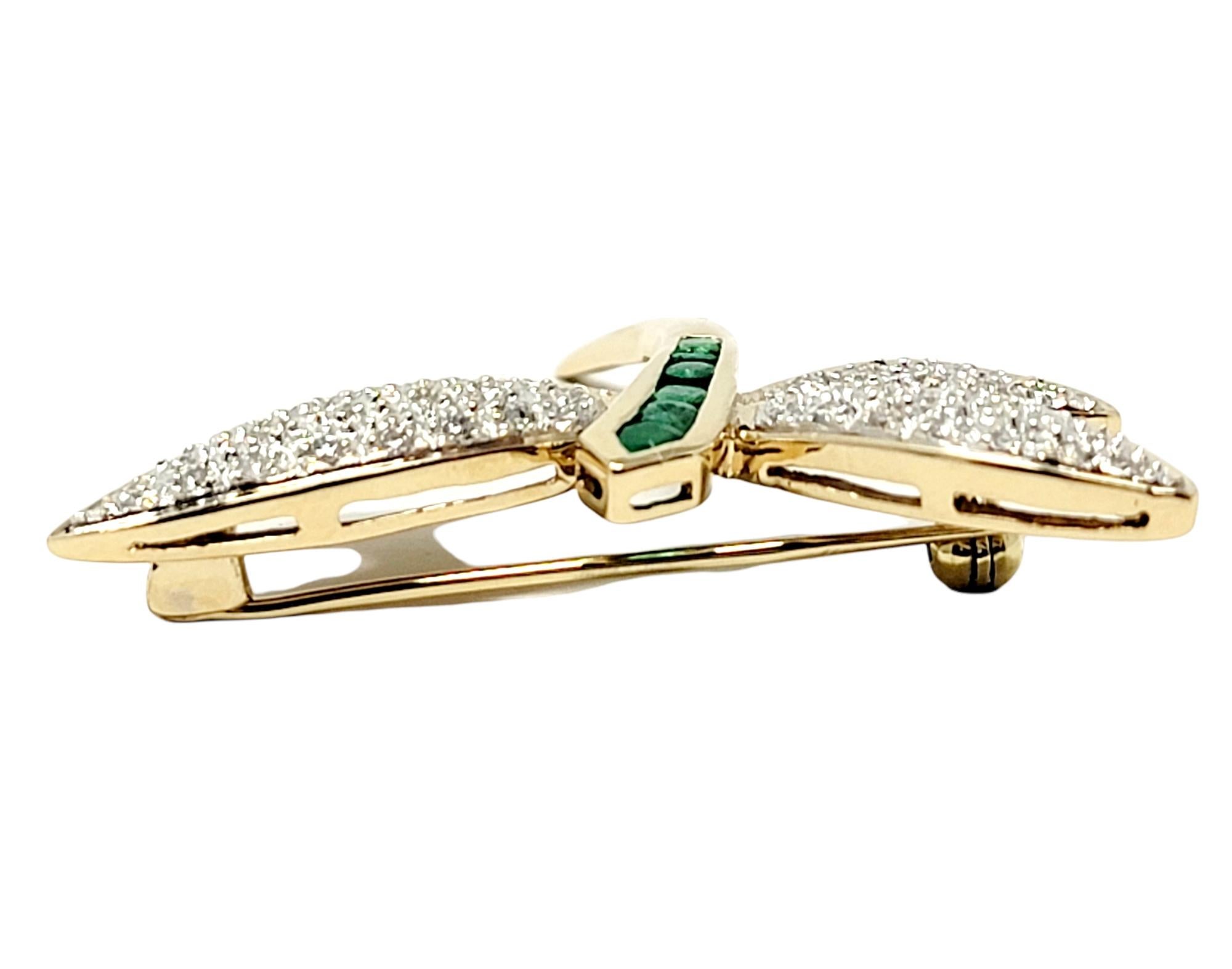 Round Cut Emerald and Diamond Dragonfly Brooch in 14 Karat Yellow Gold .75 Carats Total