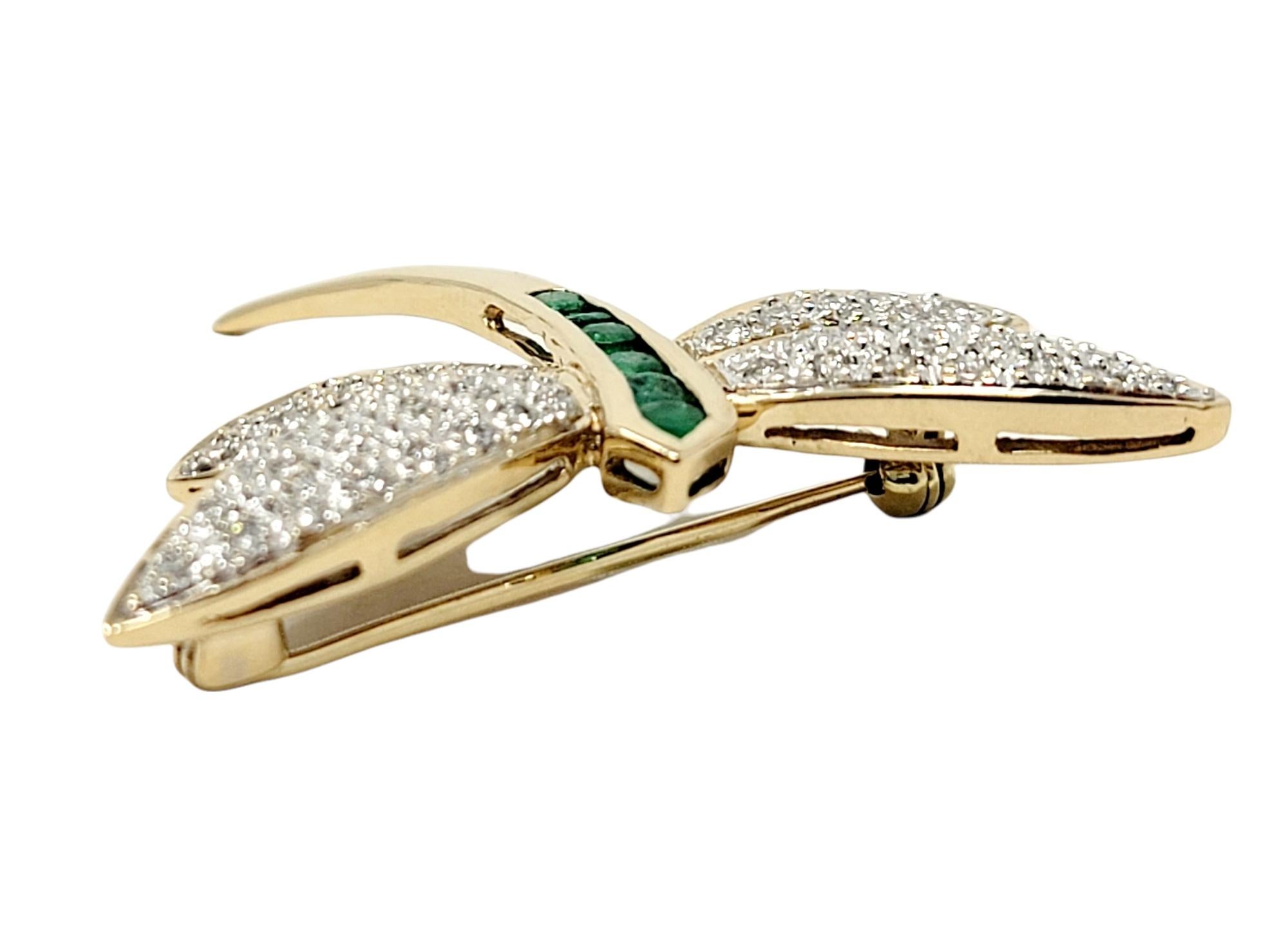 Emerald and Diamond Dragonfly Brooch in 14 Karat Yellow Gold .75 Carats Total In Good Condition In Scottsdale, AZ