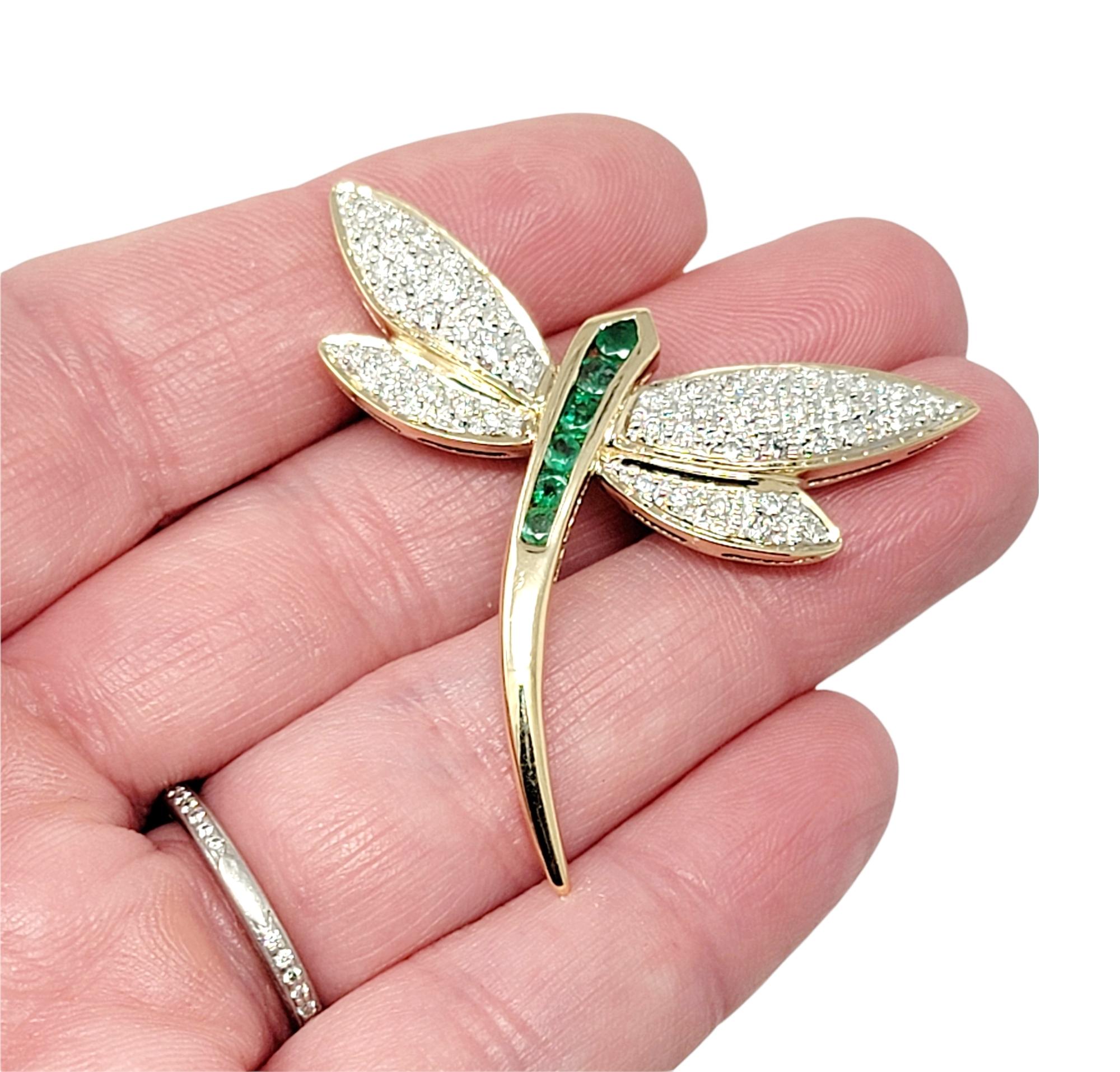 Women's or Men's Emerald and Diamond Dragonfly Brooch in 14 Karat Yellow Gold .75 Carats Total