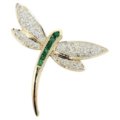 Emerald and Diamond Dragonfly Brooch in 14 Karat Yellow Gold .75 Carats Total