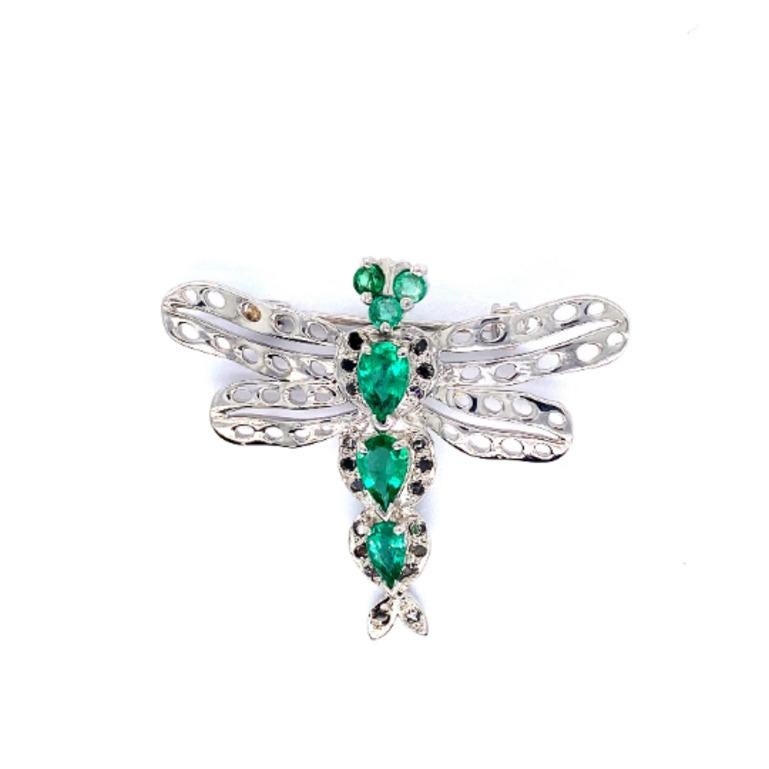 Art Deco Emerald Diamond Dragonfly Brooch Pin Set in 925 Sterling Silver For Sale