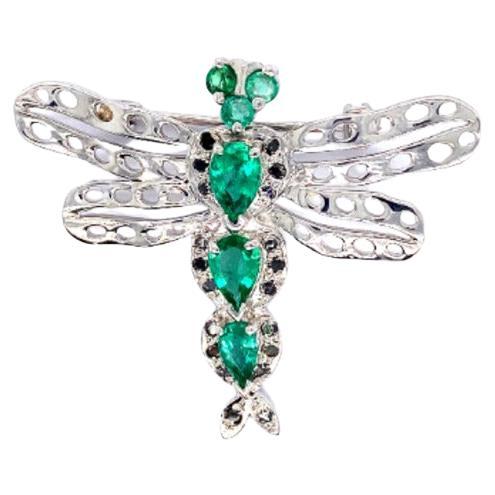 Emerald Diamond Dragonfly Brooch Pin Set in 925 Sterling Silver For Sale