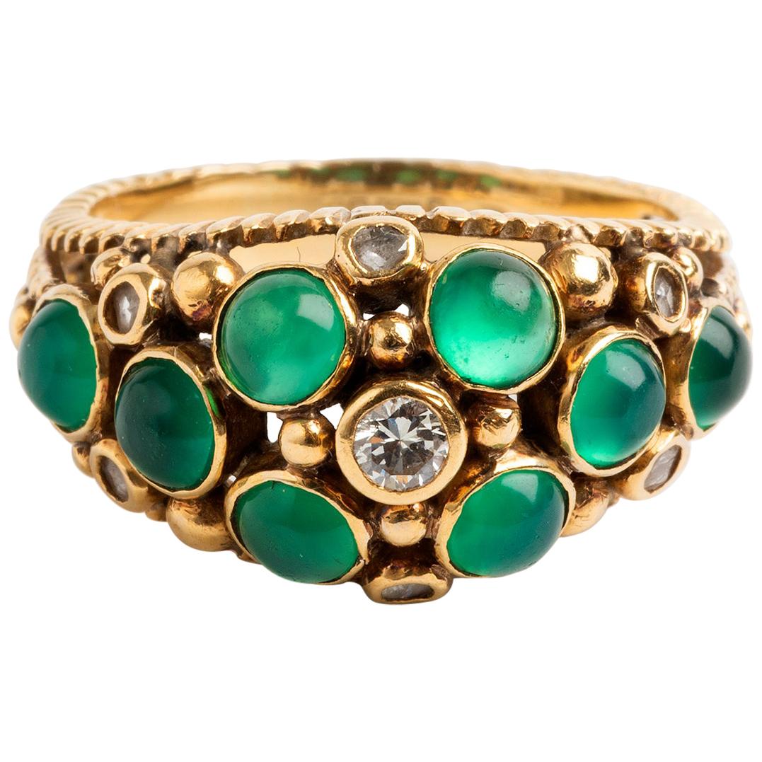 Emerald and Diamond Dress Ring, 18 Karat Yellow Gold, Hallmarked, circa 1960s