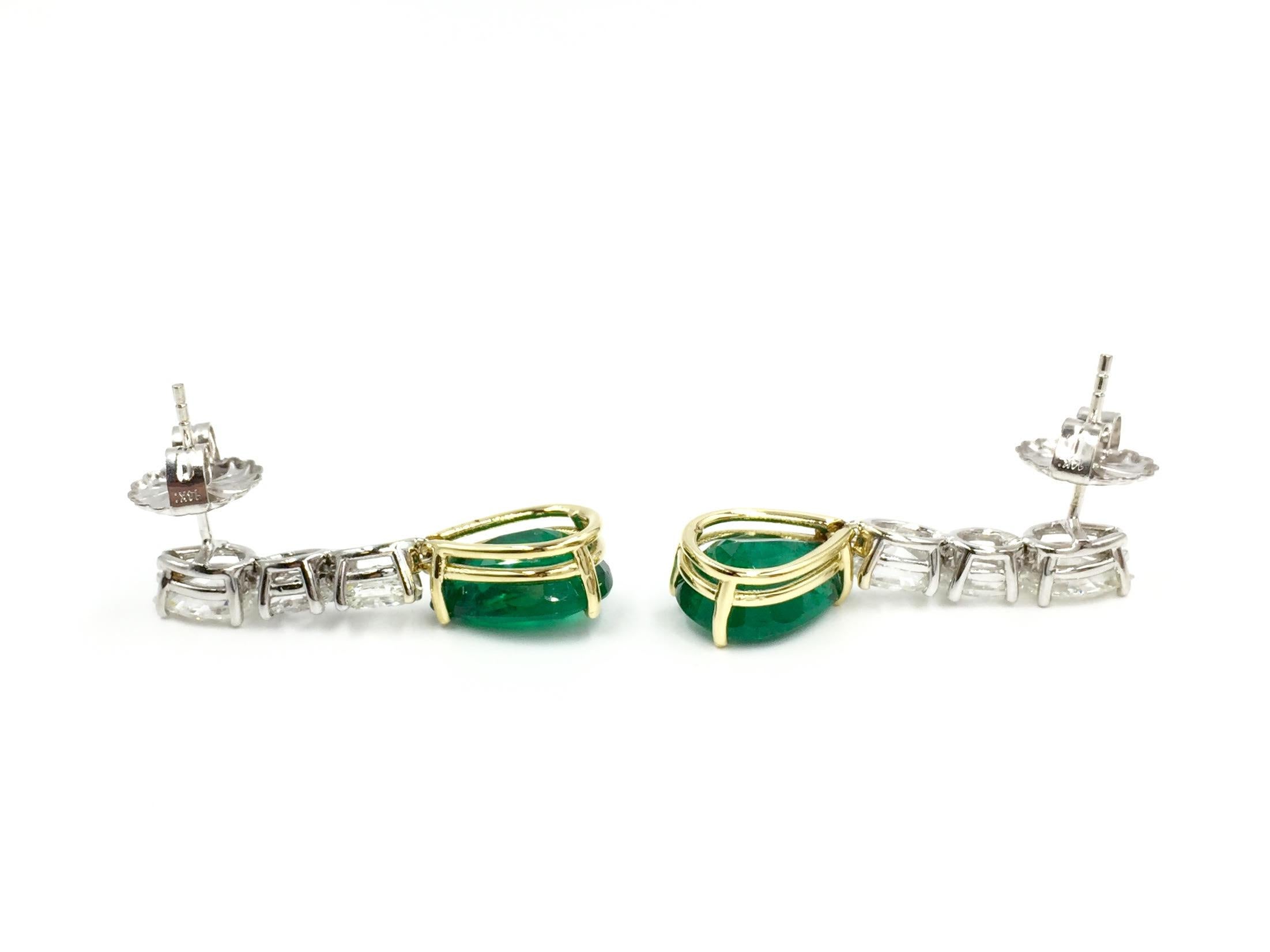 Pear Cut Emerald and Diamond Drop 18 Karat Gold Earrings For Sale