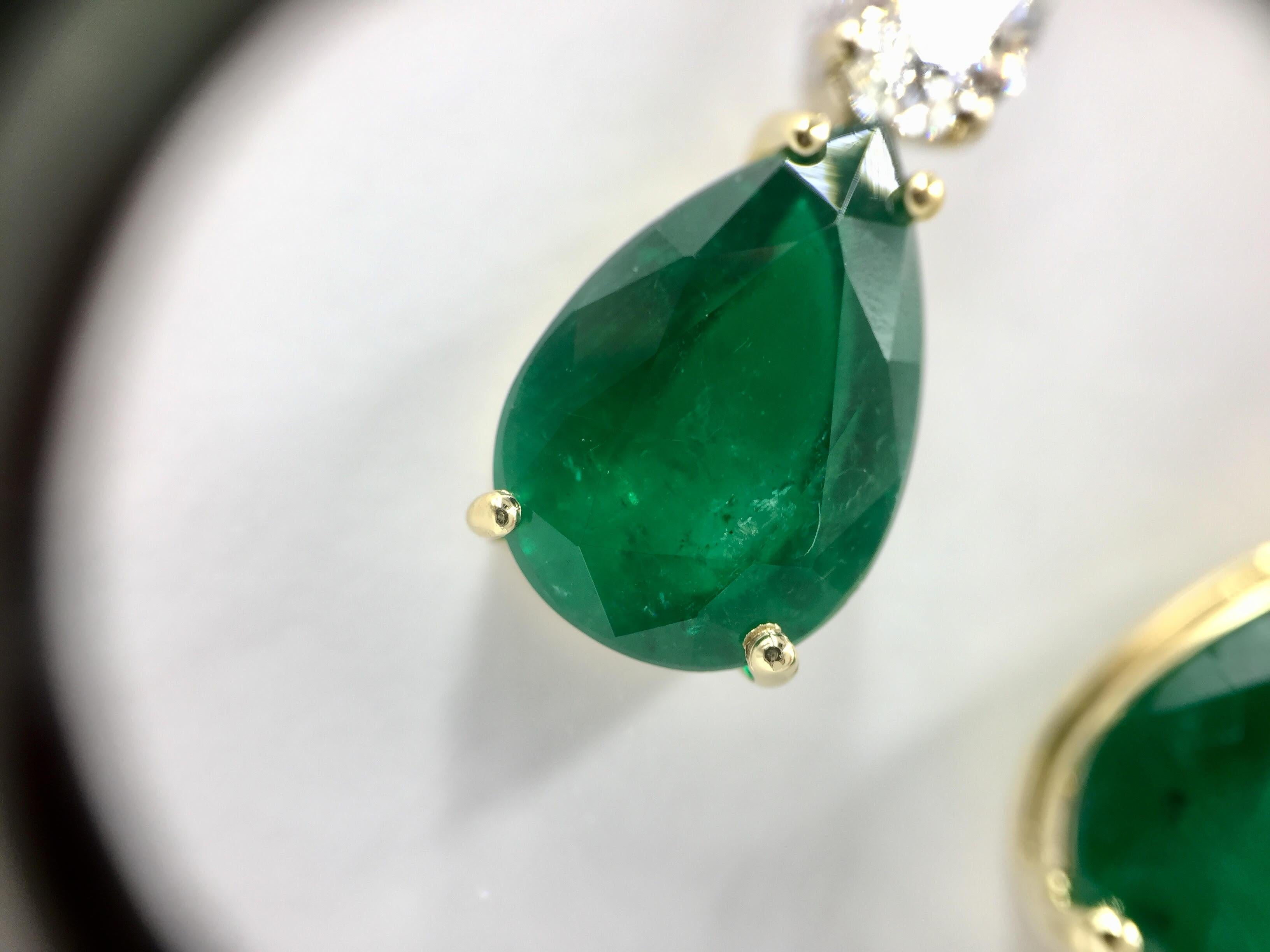 Emerald and Diamond Drop 18 Karat Gold Earrings For Sale 1