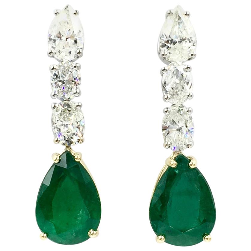 Emerald and Diamond Drop 18 Karat Gold Earrings For Sale