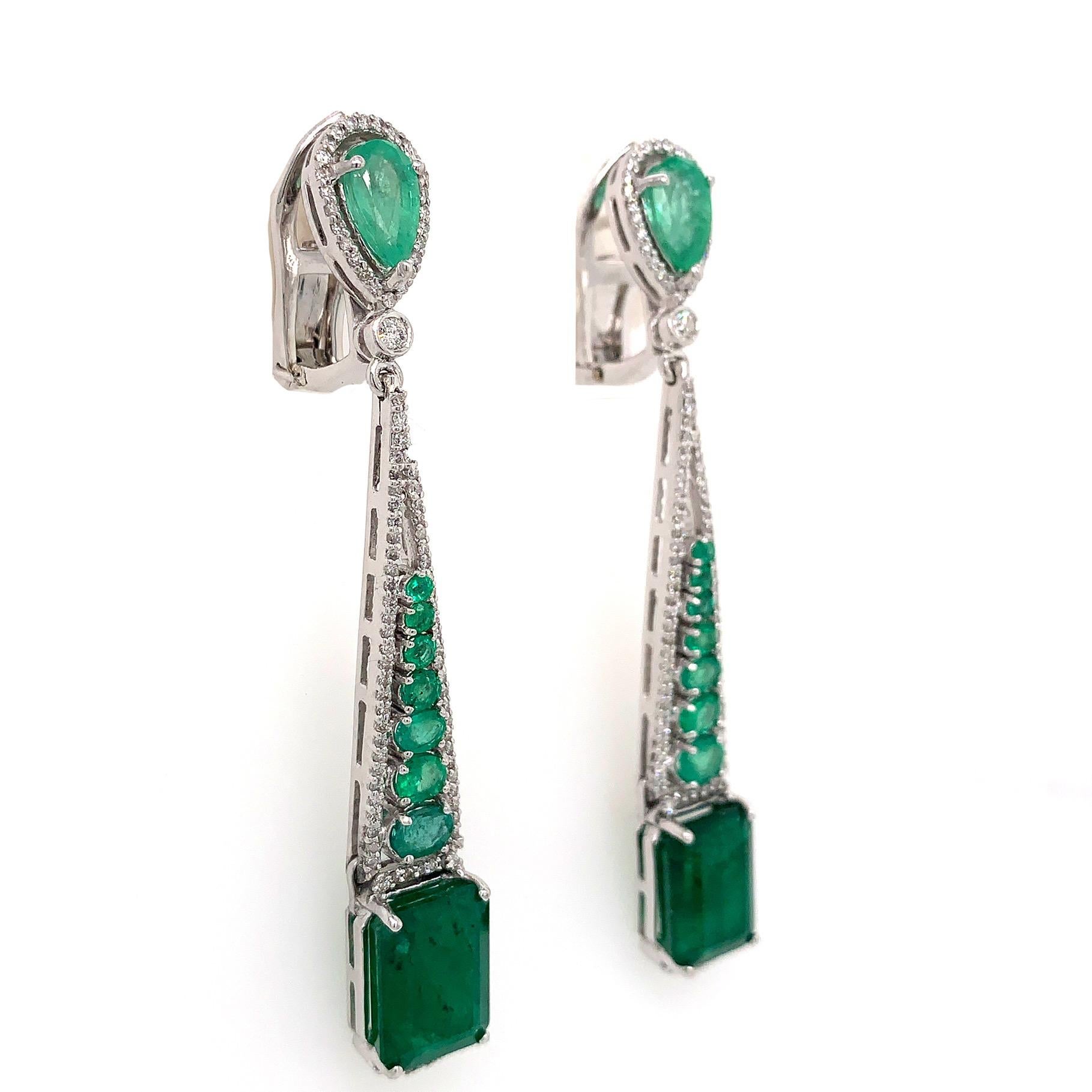 Contemporary Emerald and Diamond Drop Dangle Earrings