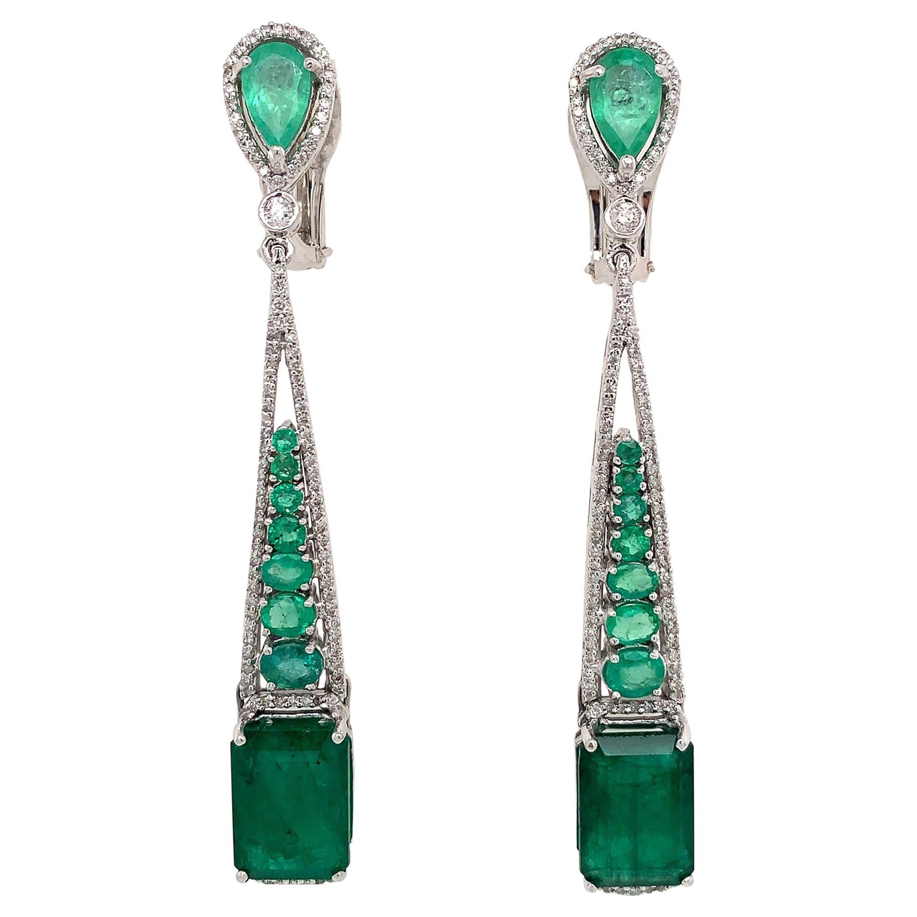 Emerald and Diamond Drop Dangle Earrings