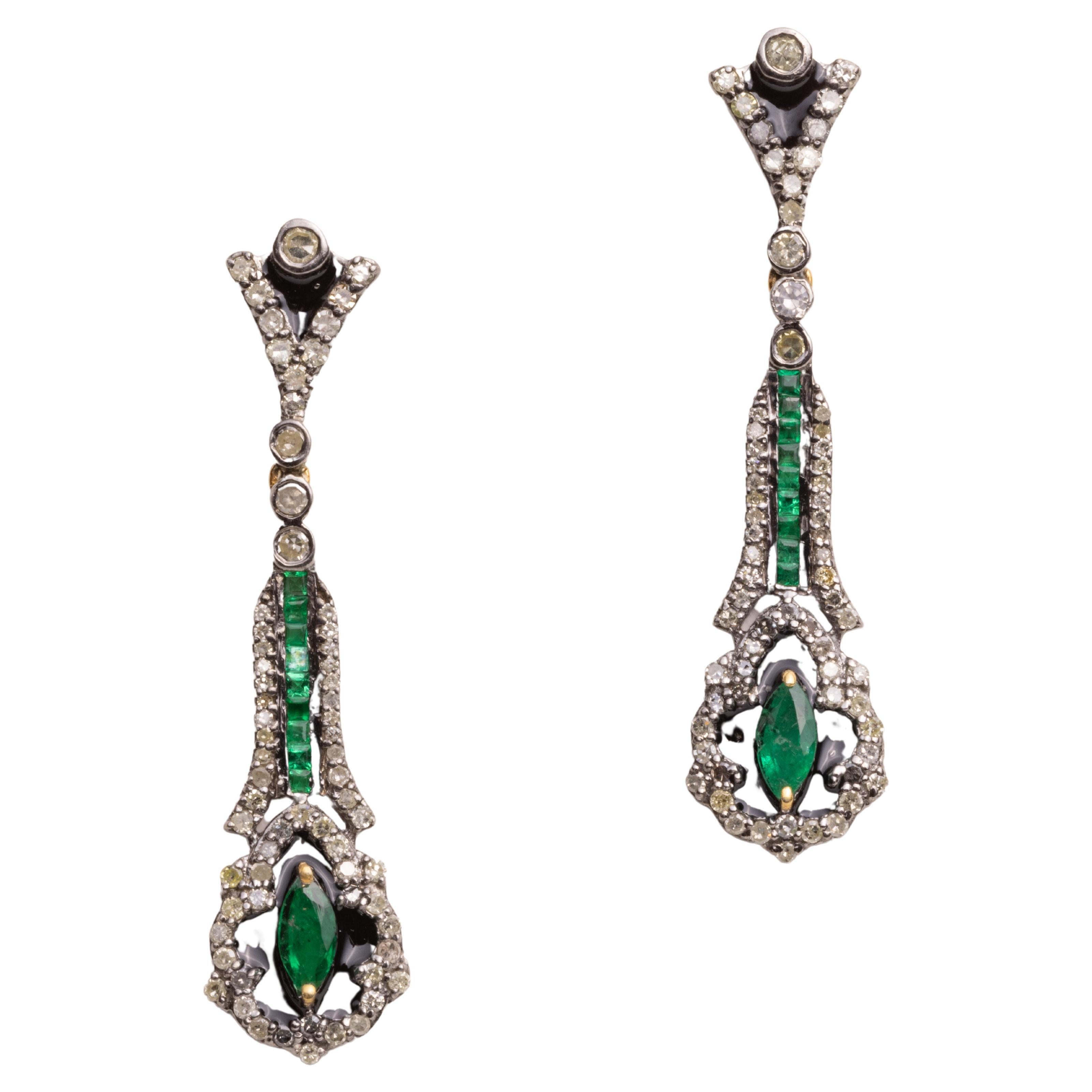 Emerald and Diamond Drop Dangle Earrings For Sale