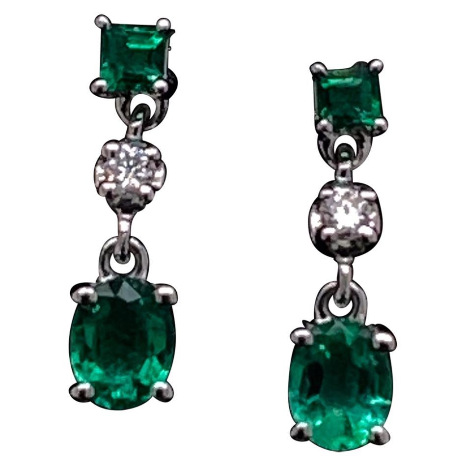 Emerald and Diamond Drop Earrings 18 Karat White Gold