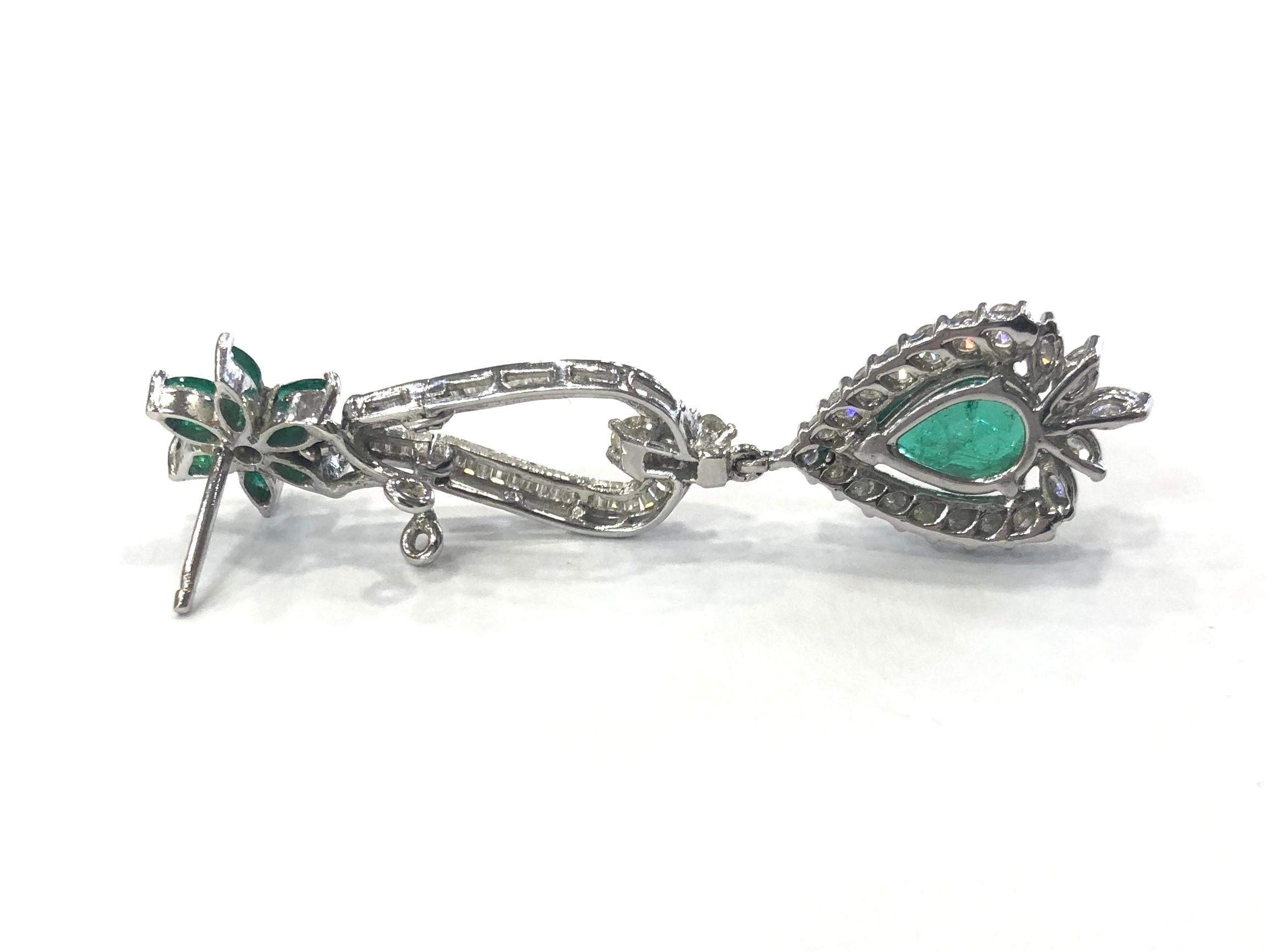 Contemporary Emerald and Diamond Drop Earrings 18 Carat White Gold, 1960s For Sale