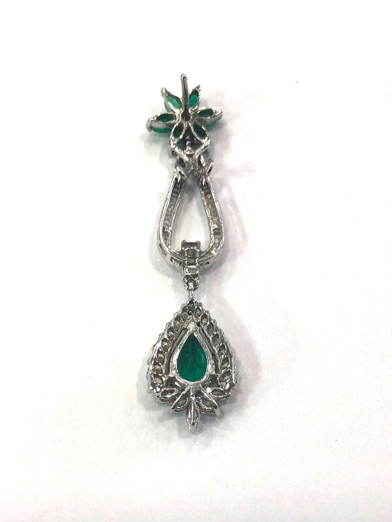 Pear Cut Emerald and Diamond Drop Earrings 18 Carat White Gold, 1960s For Sale