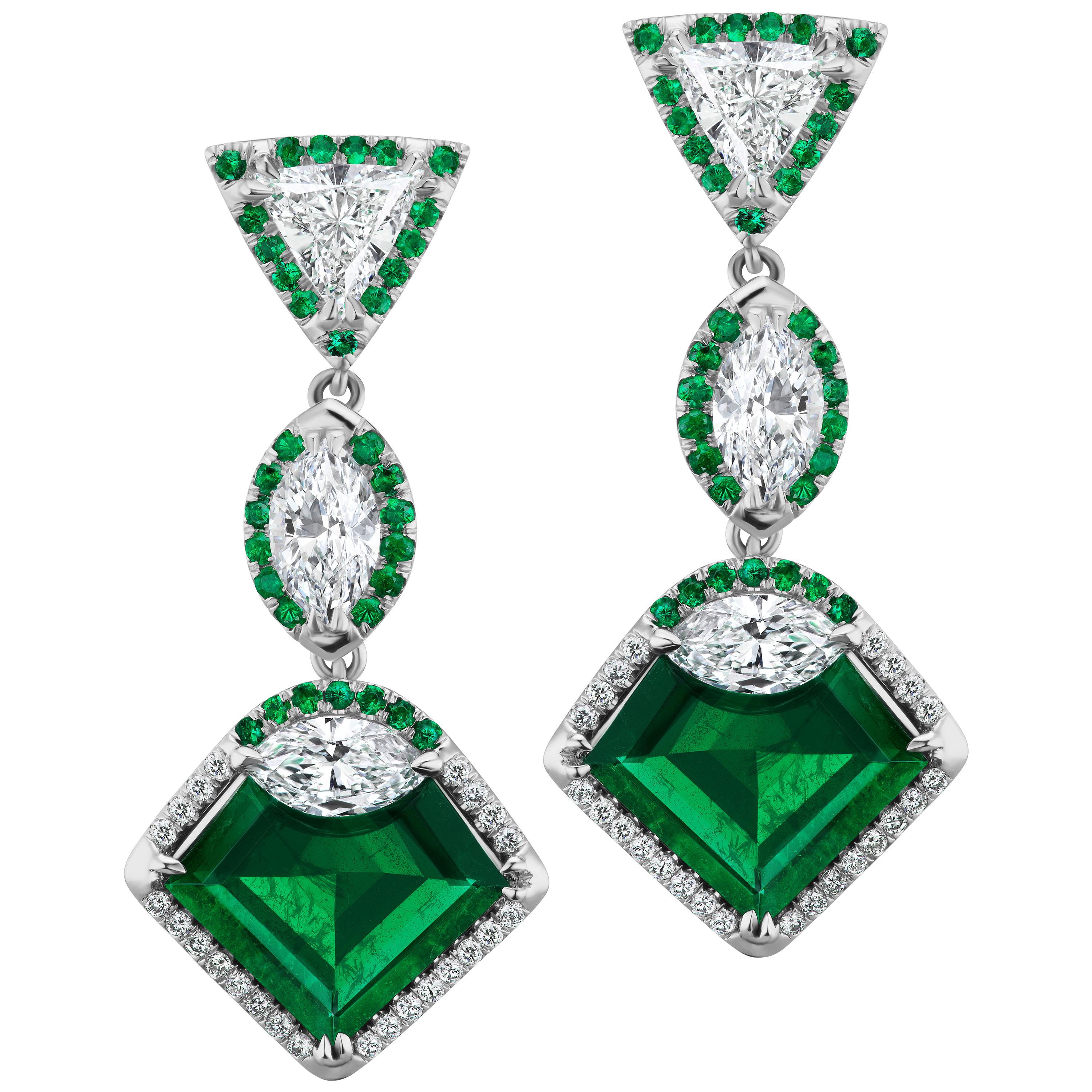 One of a Kind Emerald and Diamond Drop Earrings, AGL Certified For Sale