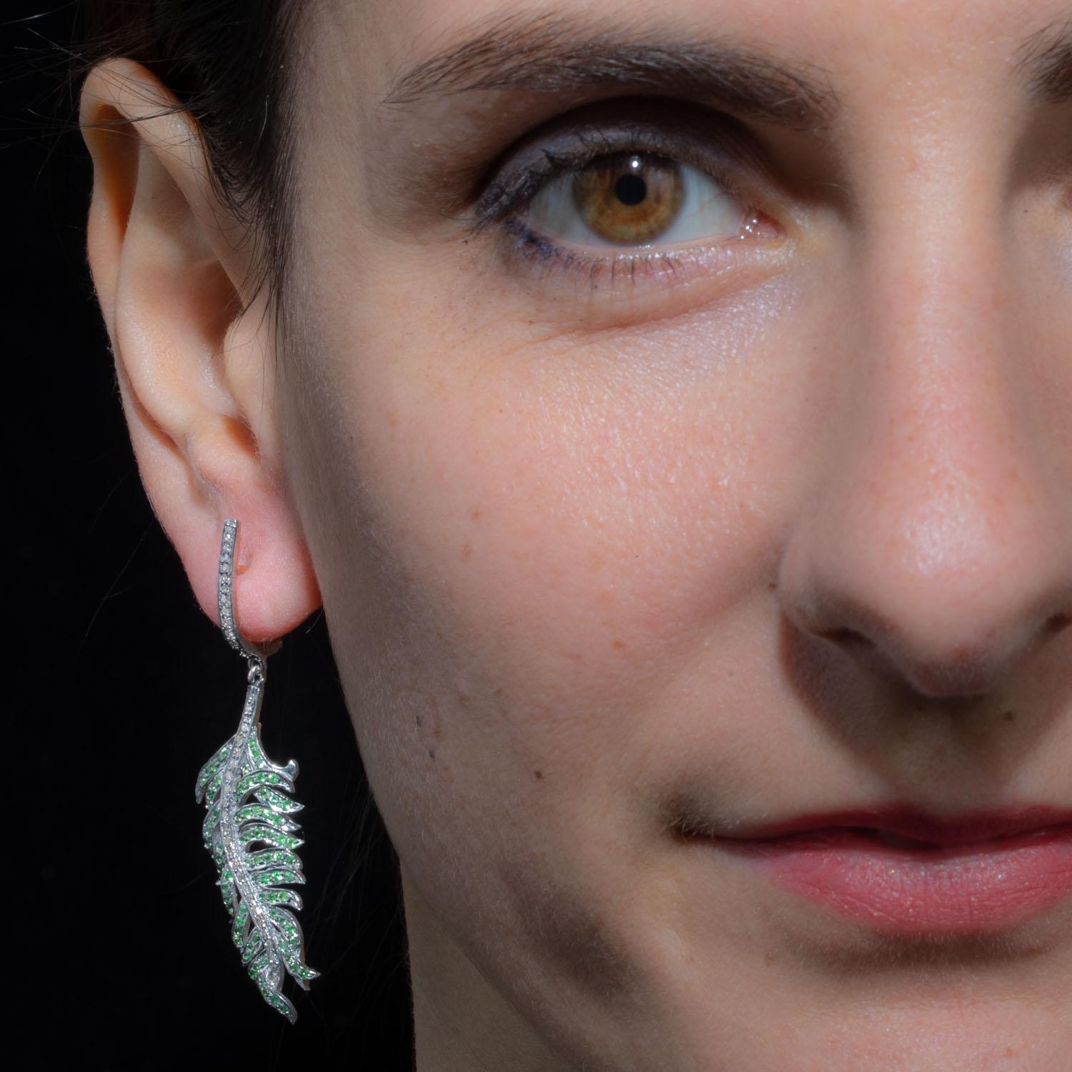 Round Cut Emerald and Diamond Dangle Drop Earrings