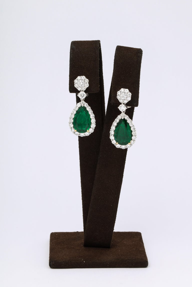 Pear Cut Emerald and Diamond Drop Earrings For Sale