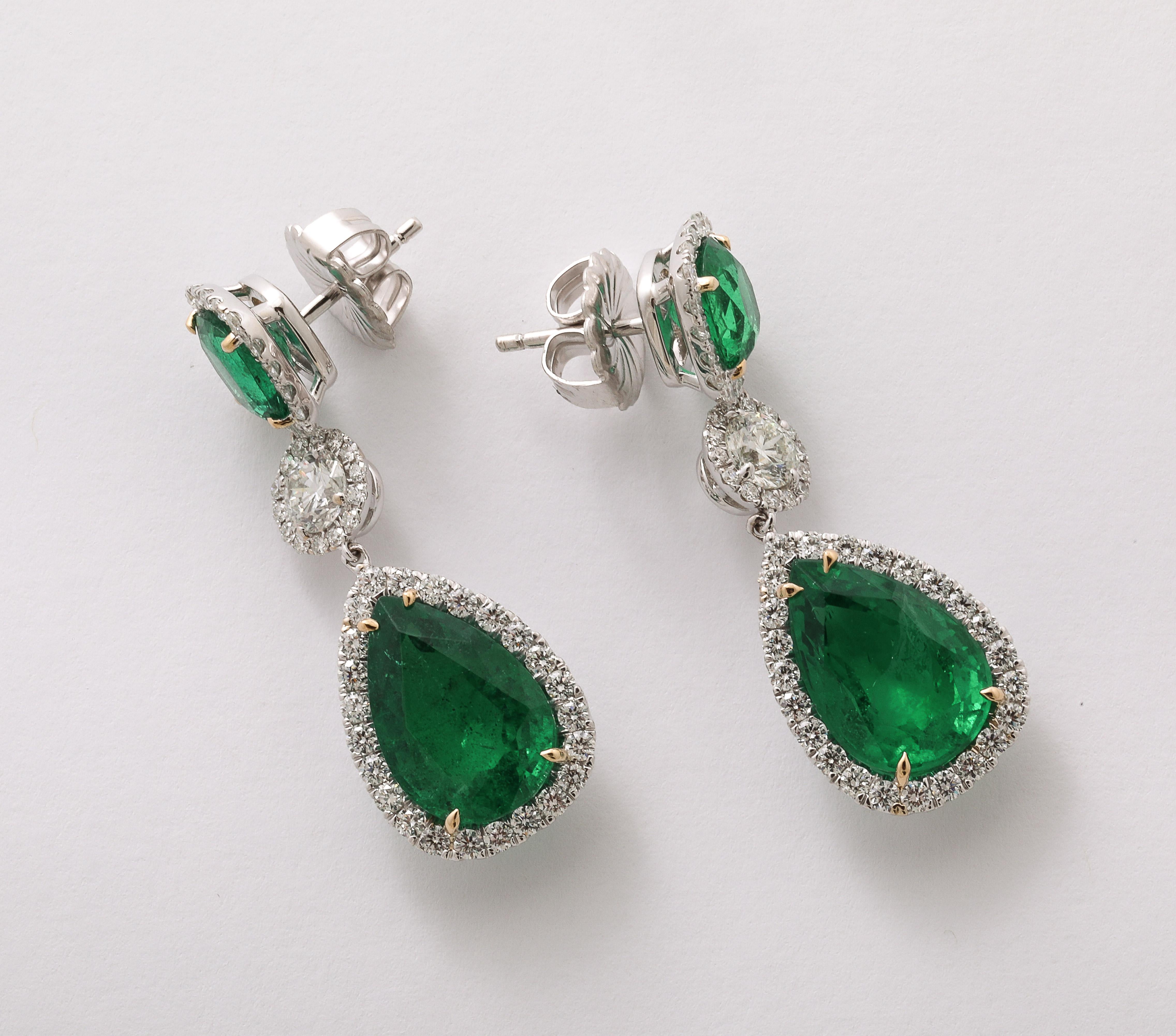 Pear Cut Emerald and Diamond Drop Earrings For Sale