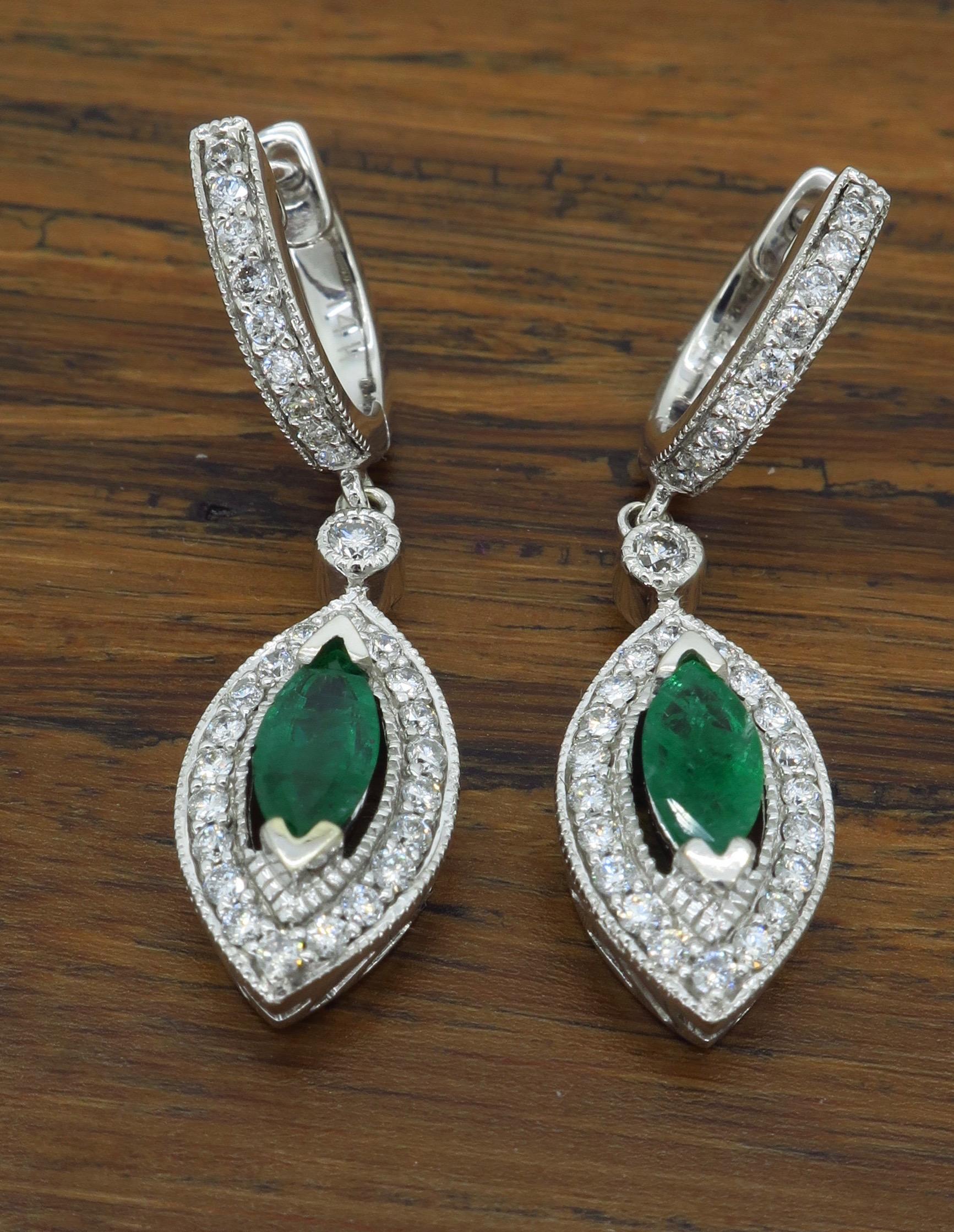 Women's or Men's Emerald and Diamond Drop Earrings