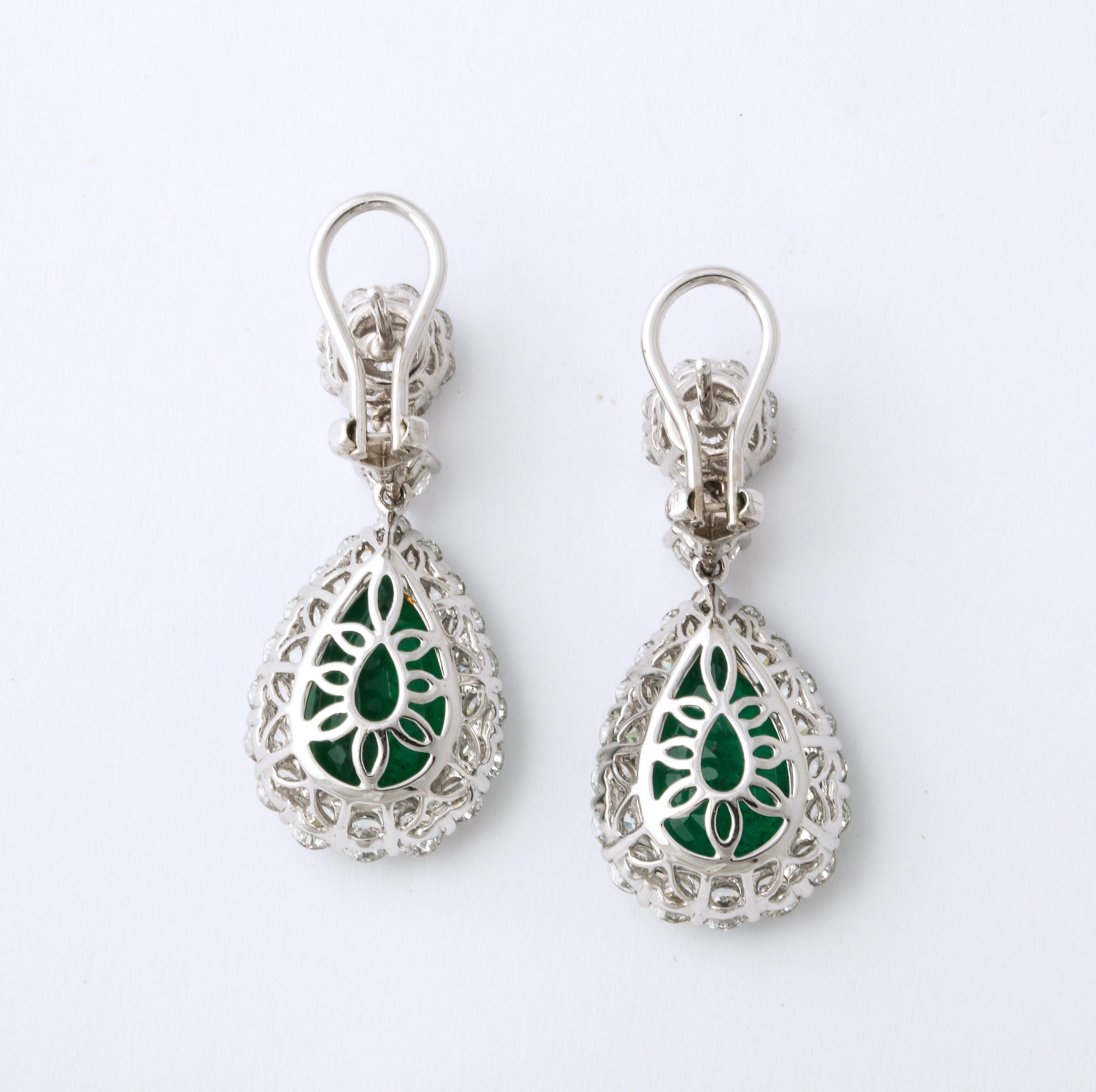 Pear Cut Emerald and Diamond Drop Earrings For Sale