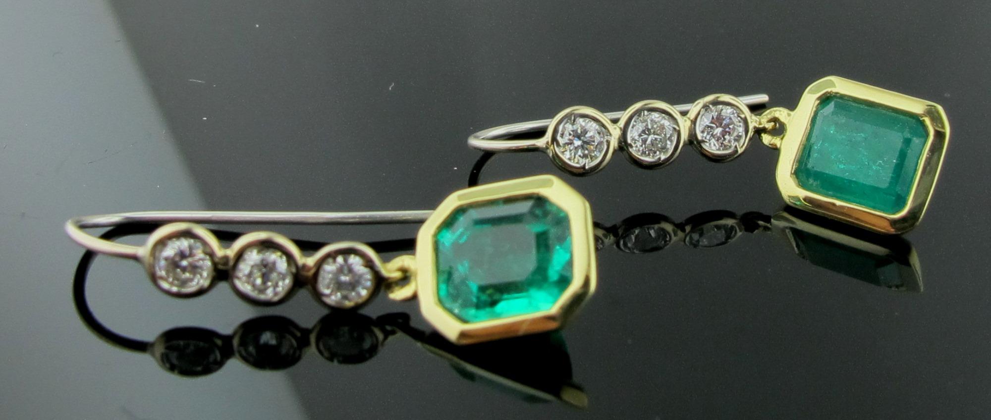 Emerald Cut Emerald and Diamond Drop Earrings in 14 Karat White and Yellow Gold For Sale