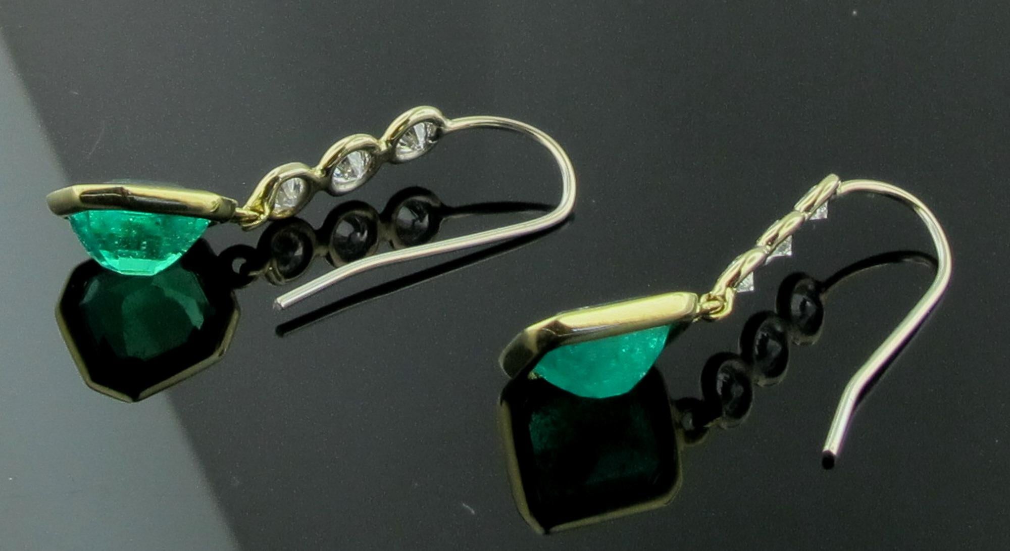 Women's or Men's Emerald and Diamond Drop Earrings in 14 Karat White and Yellow Gold For Sale