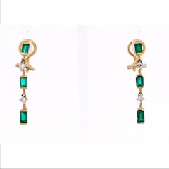 Emerald and Diamond Drop Earrings in 14k Solid Gold with Clip on Closure