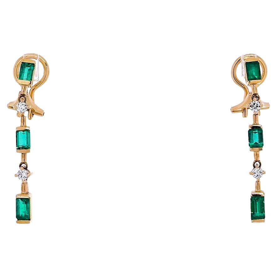 Smaragd- und Diamant-Tropfen-Ohrringe aus massivem 14k Gold mit Clip-Verschluss