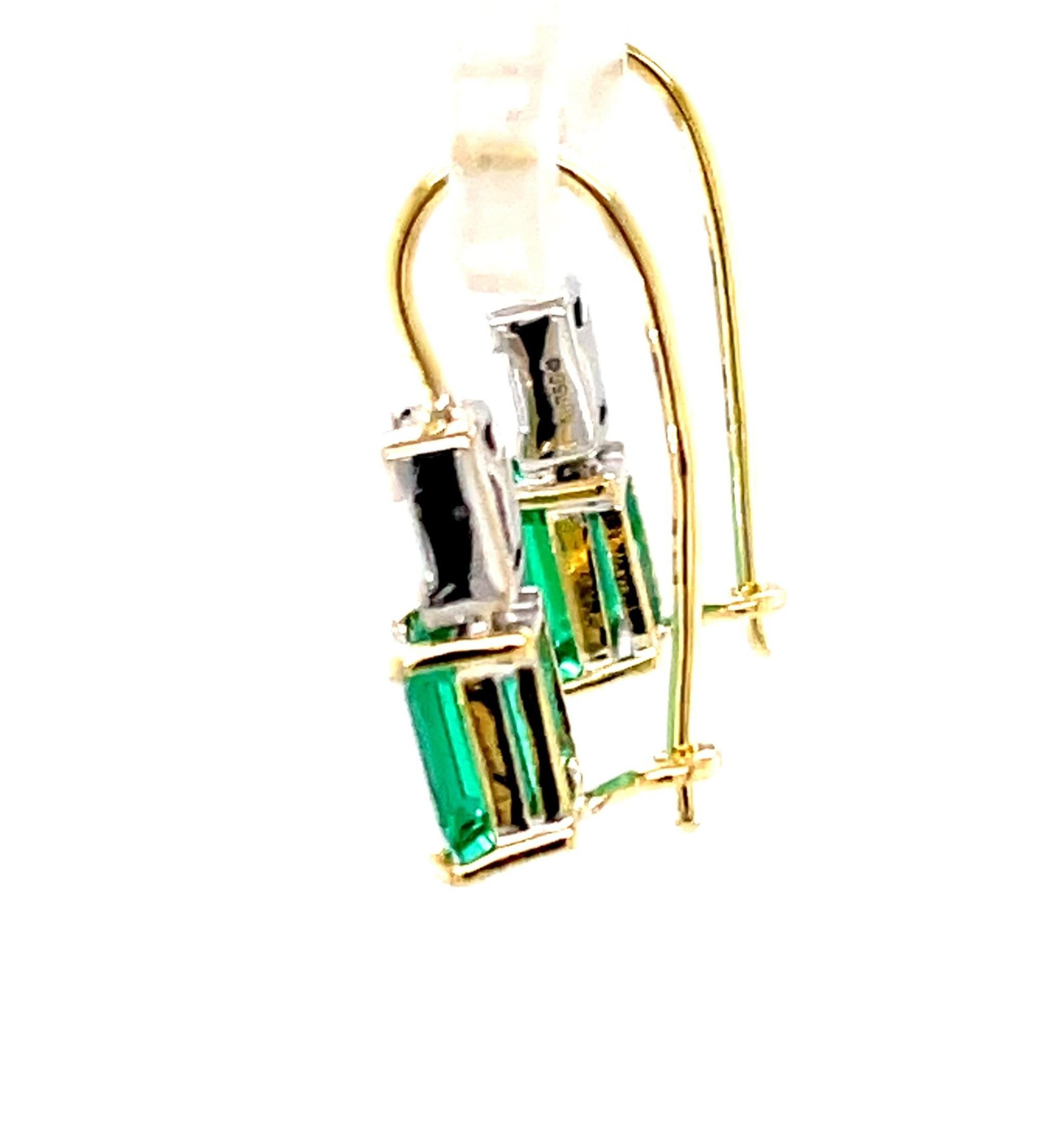 Artisan Emerald and Diamond Drop Earrings in 18k White and Yellow Gold, 1.39 Carats For Sale