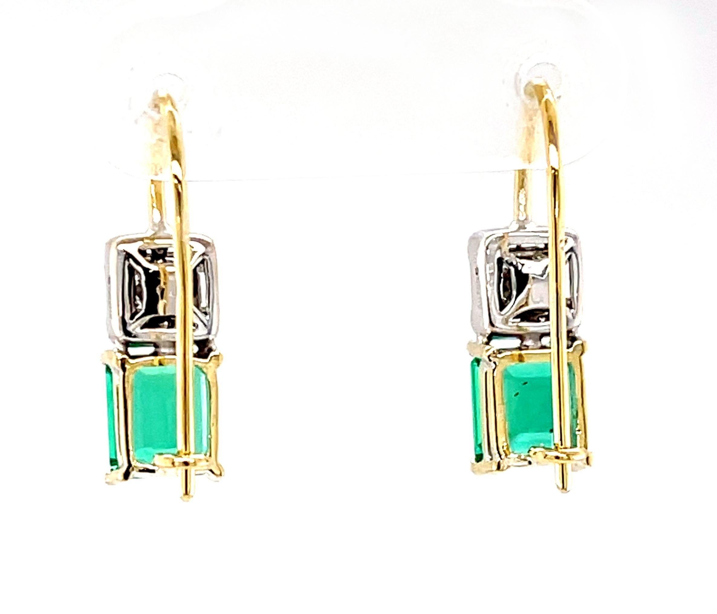 Emerald Cut Emerald and Diamond Drop Earrings in 18k White and Yellow Gold, 1.39 Carats For Sale
