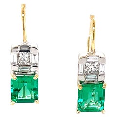 Emerald and Diamond Drop Earrings in 18k White and Yellow Gold, 1.39 Carats