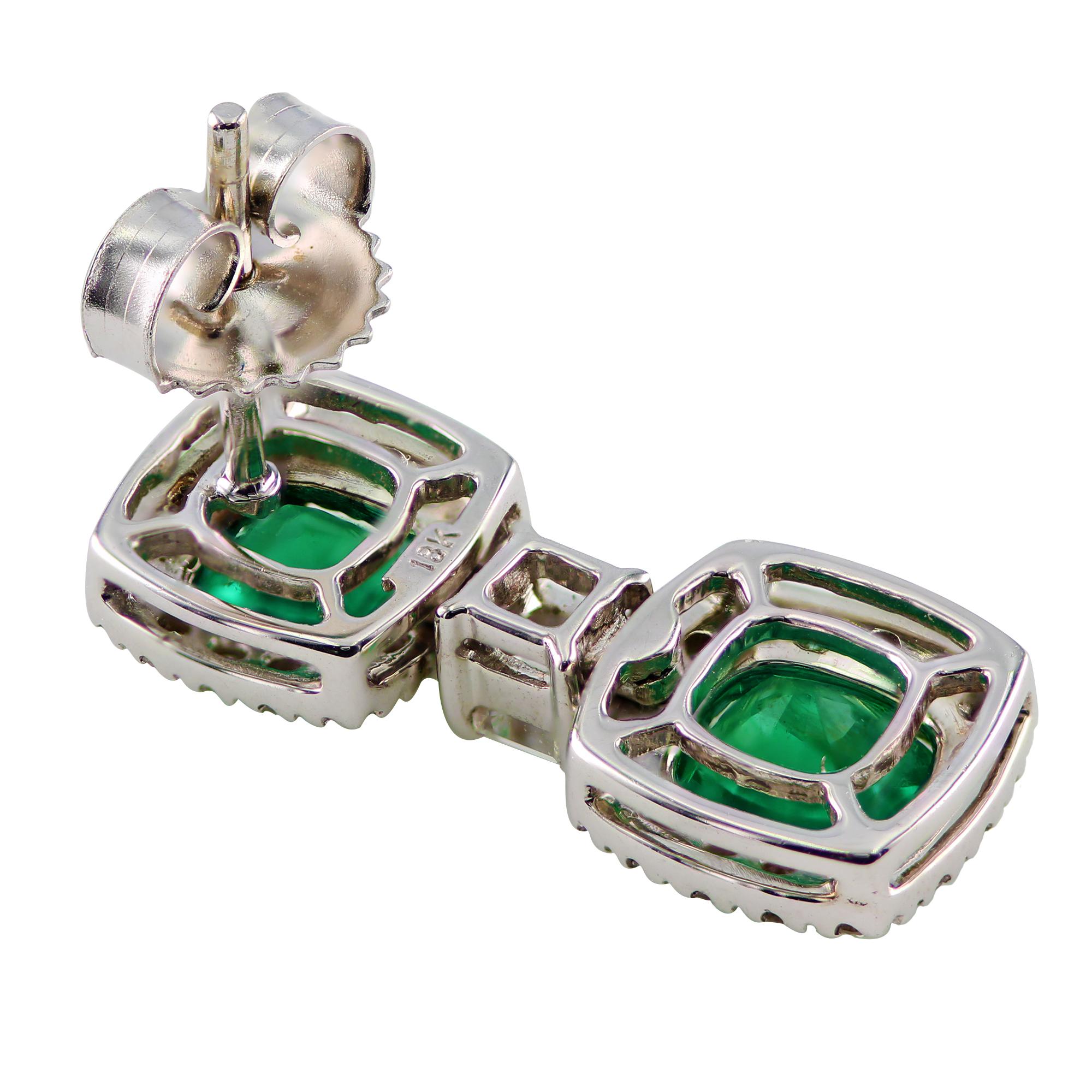 Modern Emerald and Diamond Drop Earrings Set in 18K For Sale