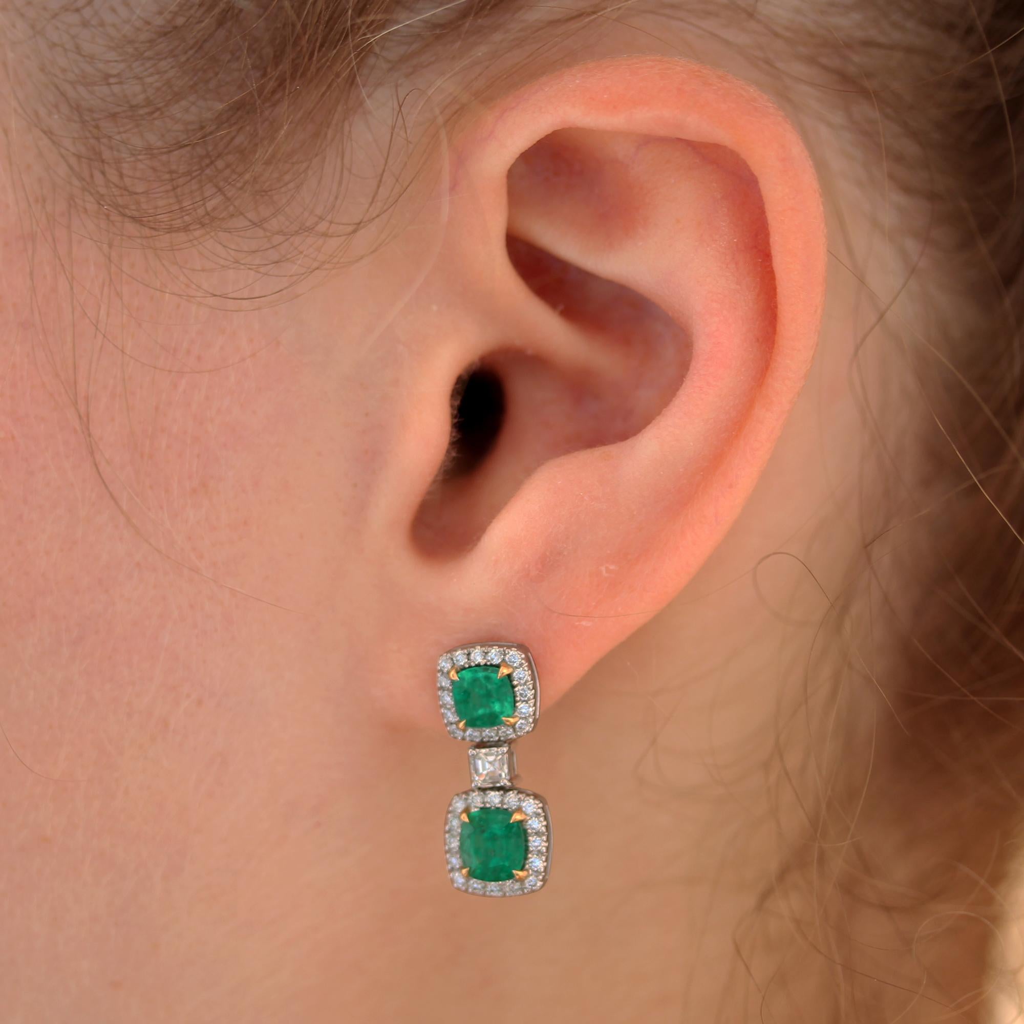 Cushion Cut Emerald and Diamond Drop Earrings Set in 18K For Sale