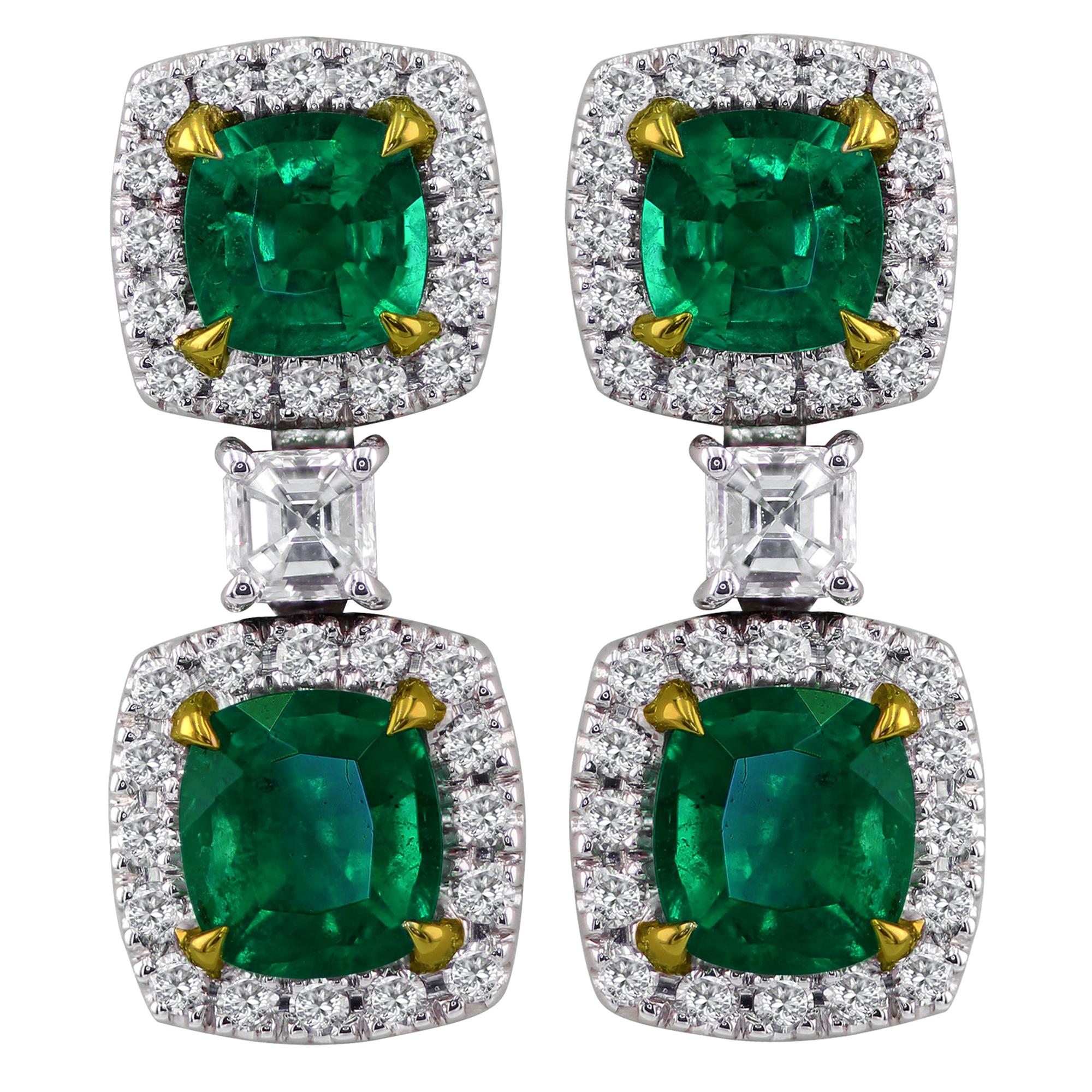 Emerald and Diamond Drop Earrings Set in 18K For Sale