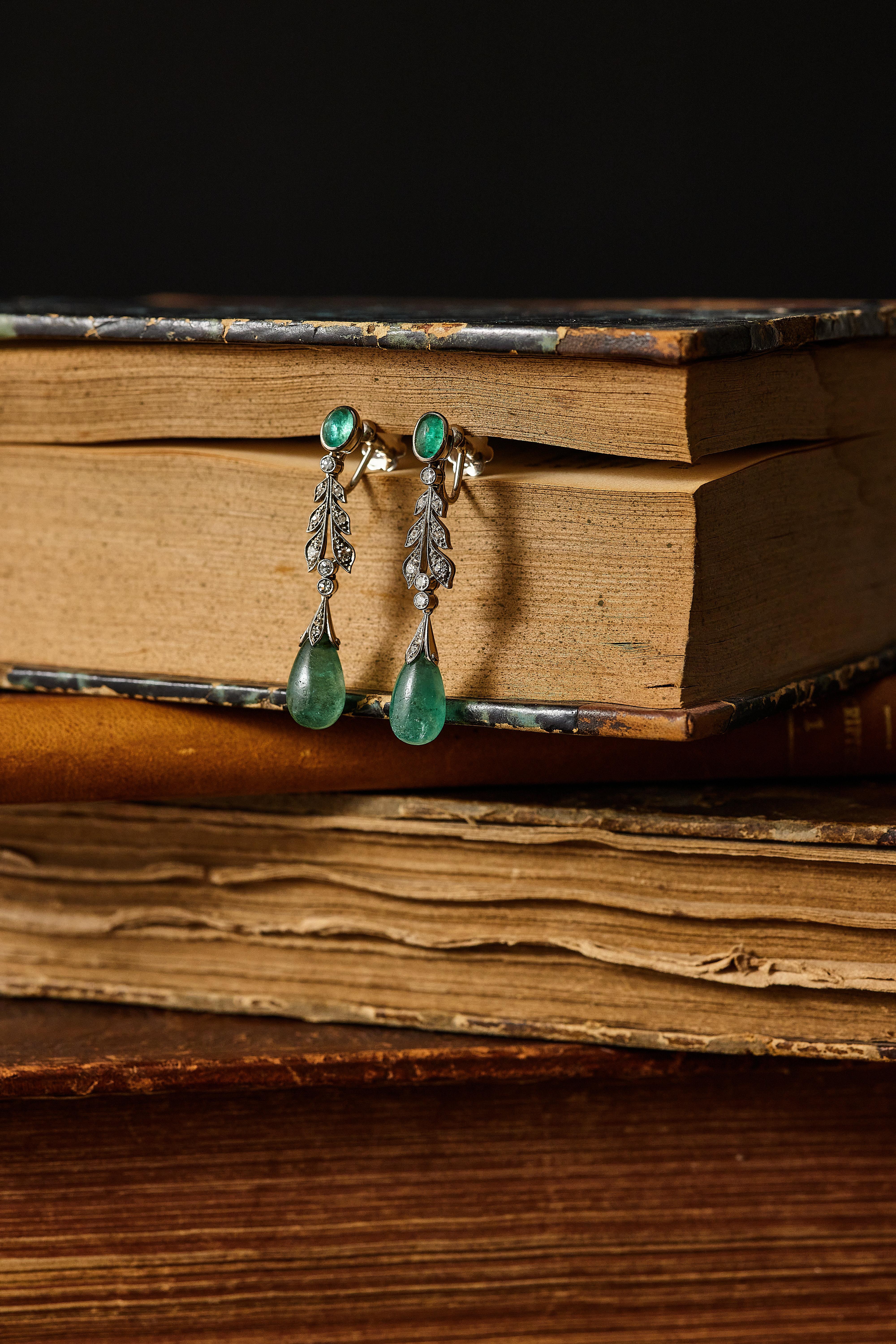 Modern Emerald and diamond drop earrings, Sweden 1954.