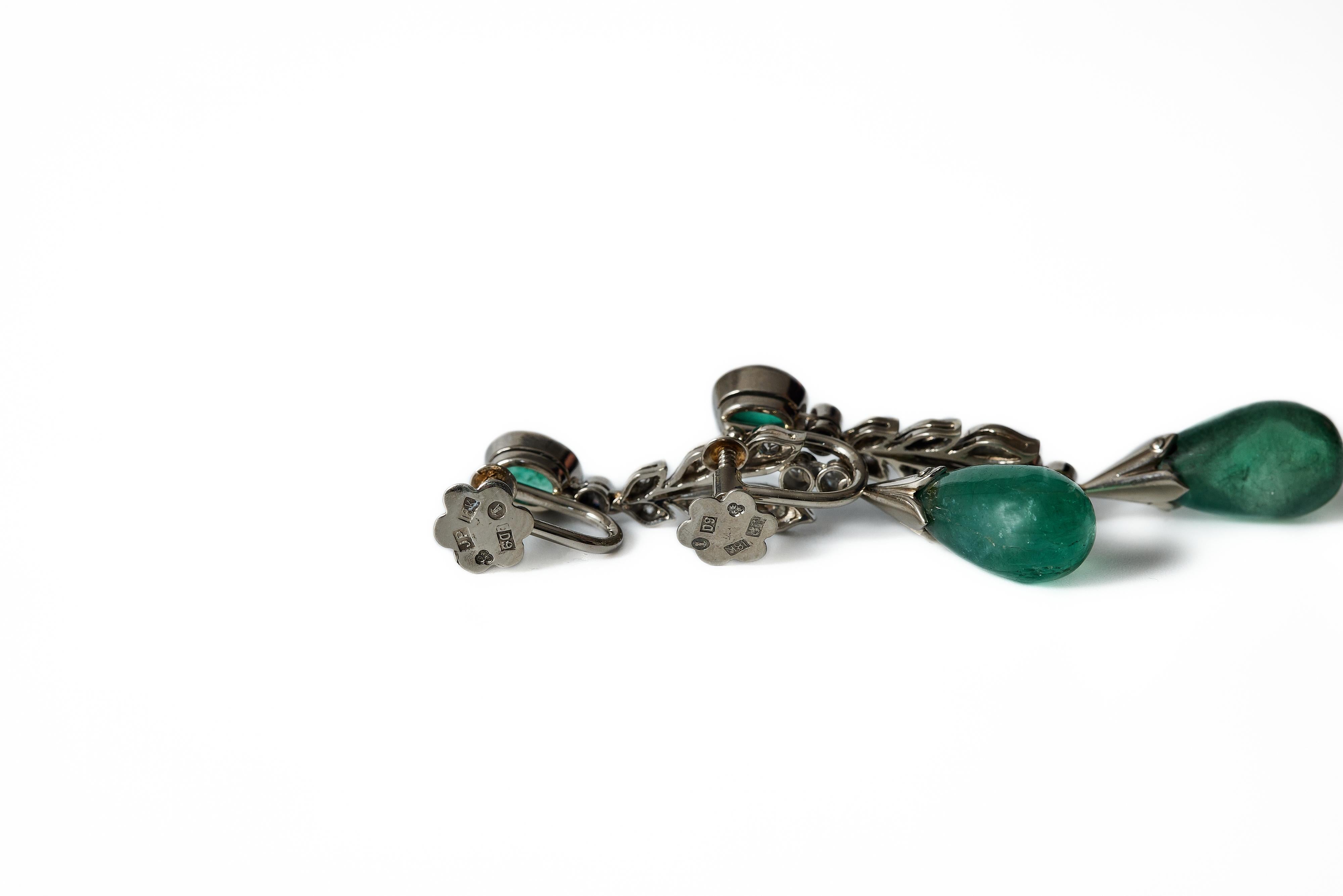 Cabochon Emerald and diamond drop earrings, Sweden 1954.