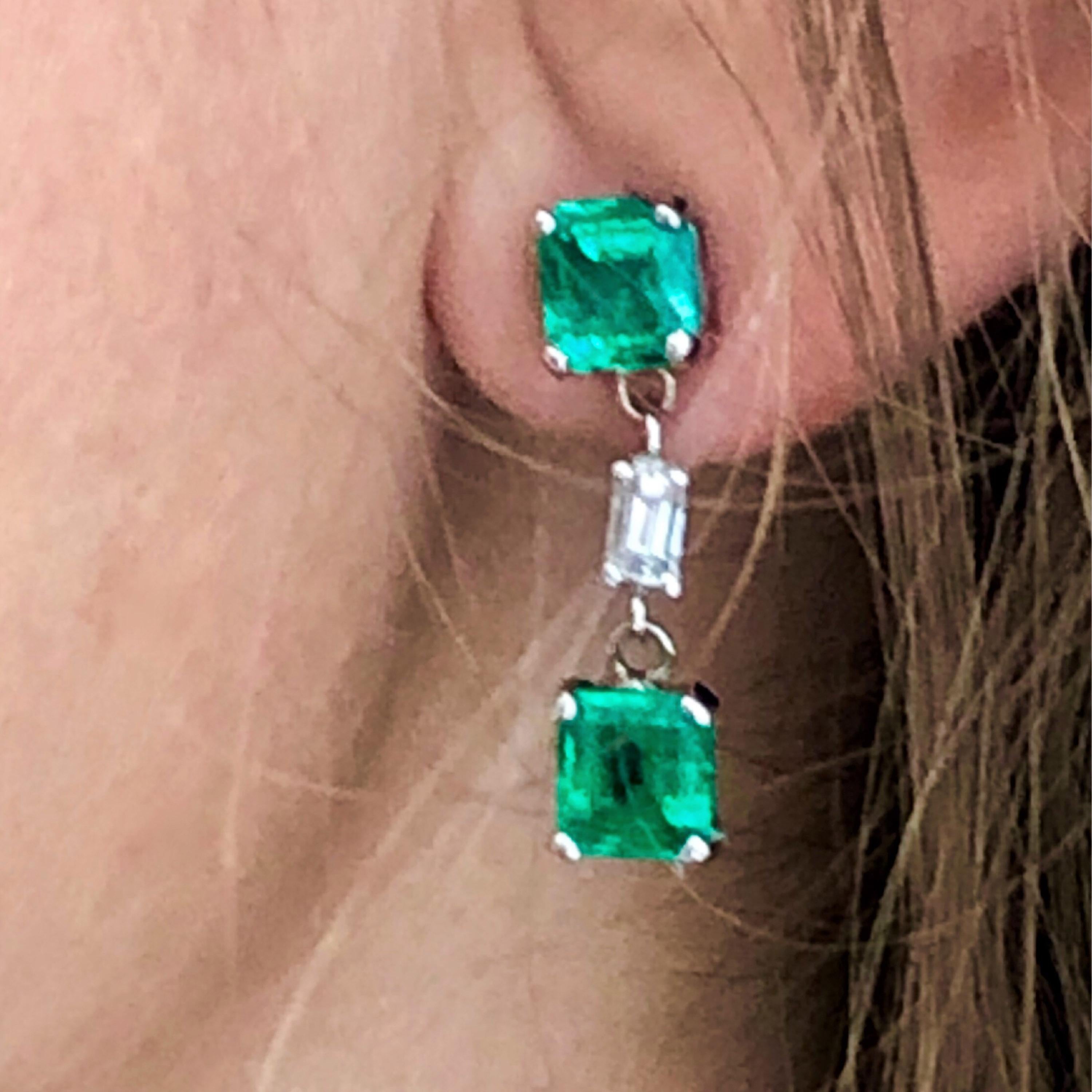 Emerald Cut Emerald and Diamond Drop Earrings Weighing 3.65 Carat