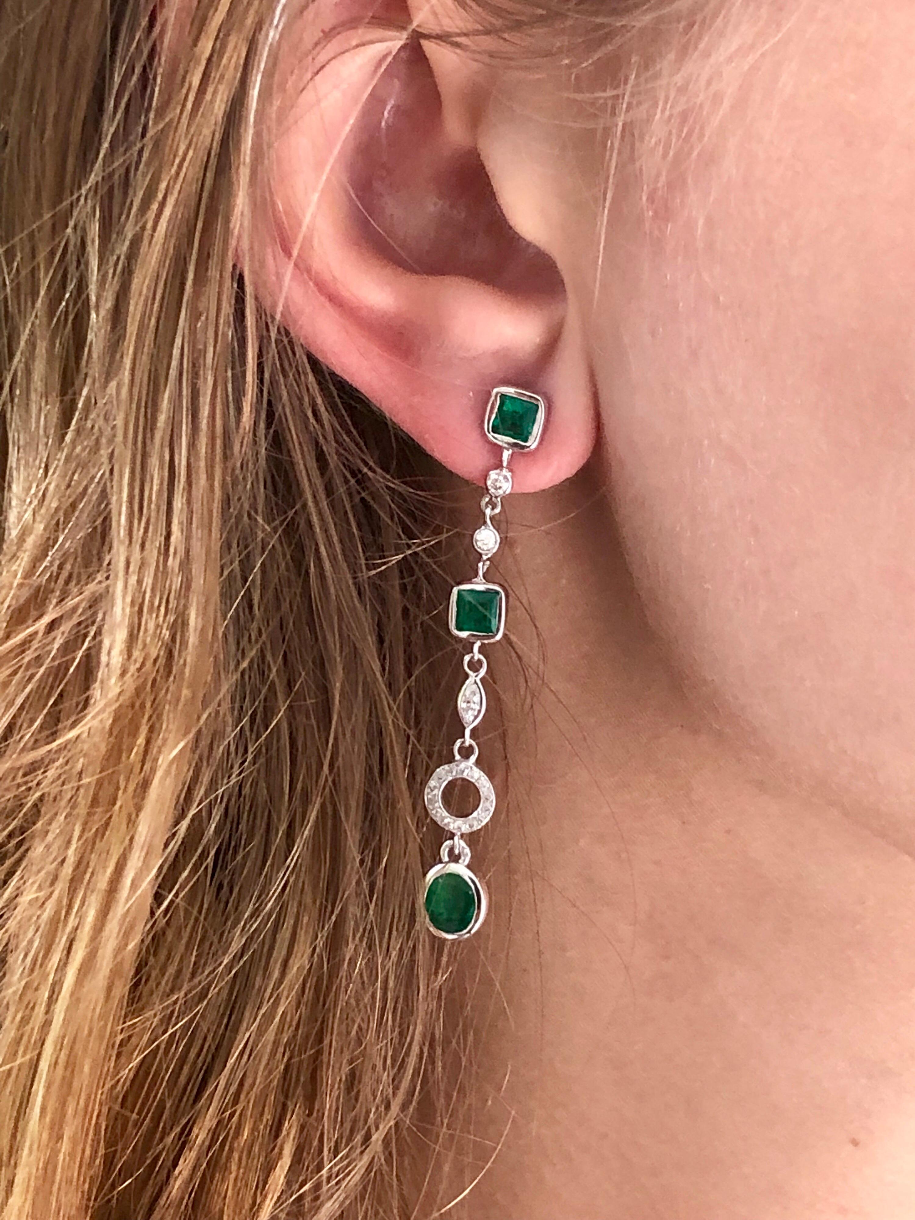 Emerald and Diamond Drop Gold Earrings Two Inch Long Weighing 3.90 Carat  1