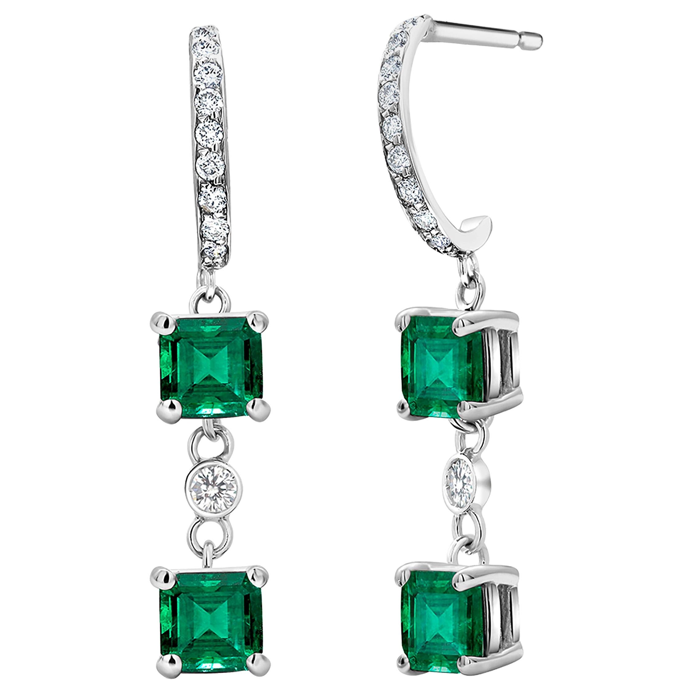 Cushion Square Colombian Emerald and Diamond Hoop Earrings Weighing 2.80 Carat