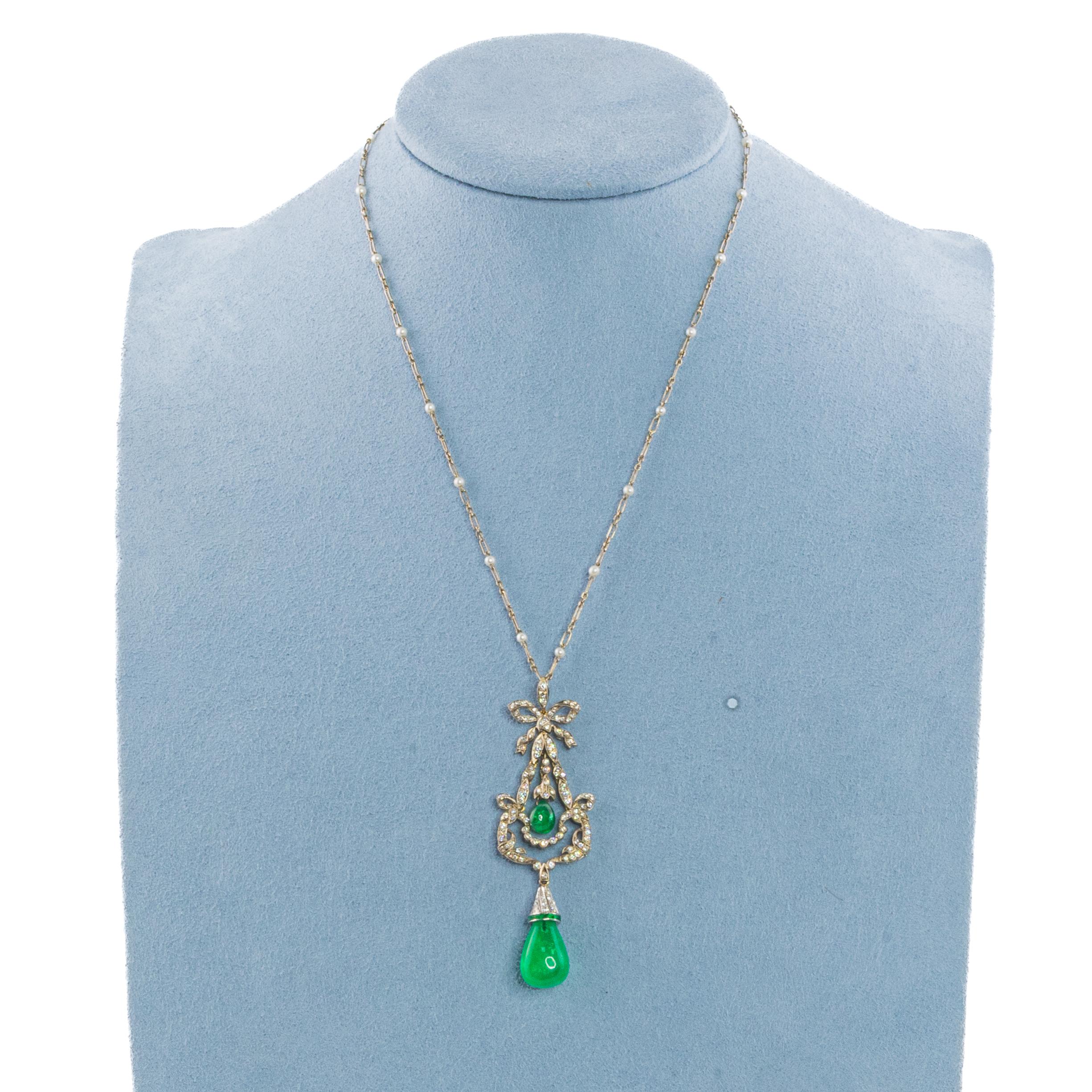 Cabochon Emerald and Diamond Drop Pendant Necklace For Sale