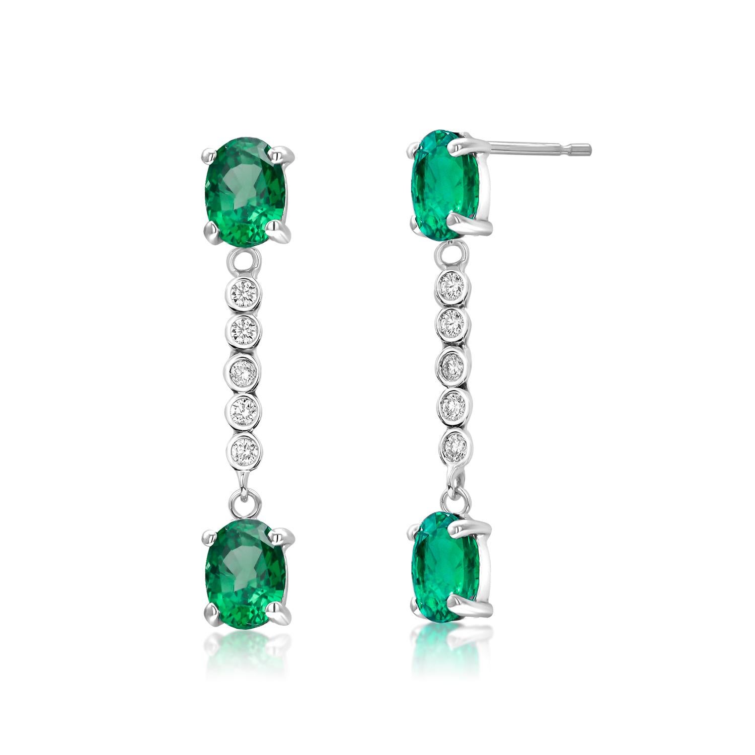 Women's or Men's Emerald and Diamond Drop White Gold Drop Earrings