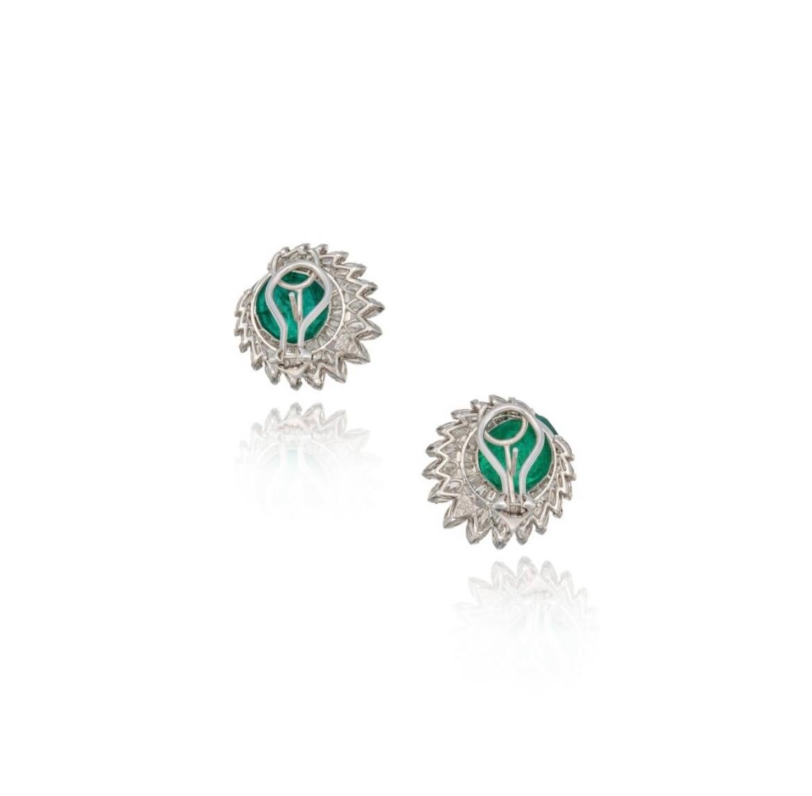Round Cut Emerald and Diamond Ear Clips in Platinum, By HARRY WINSTON.