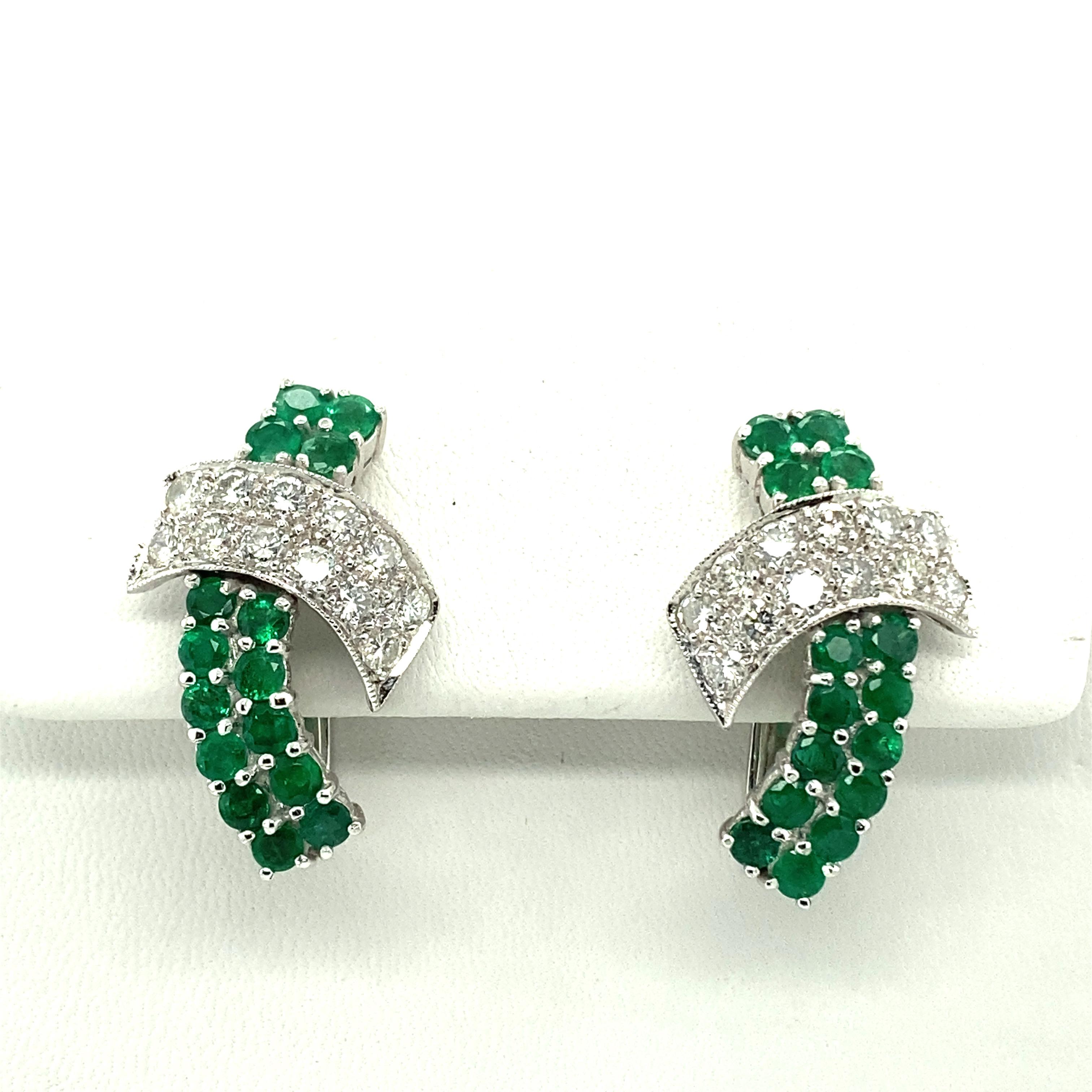 Modern Emerald and Diamond Earclips in 18 Karat White Gold