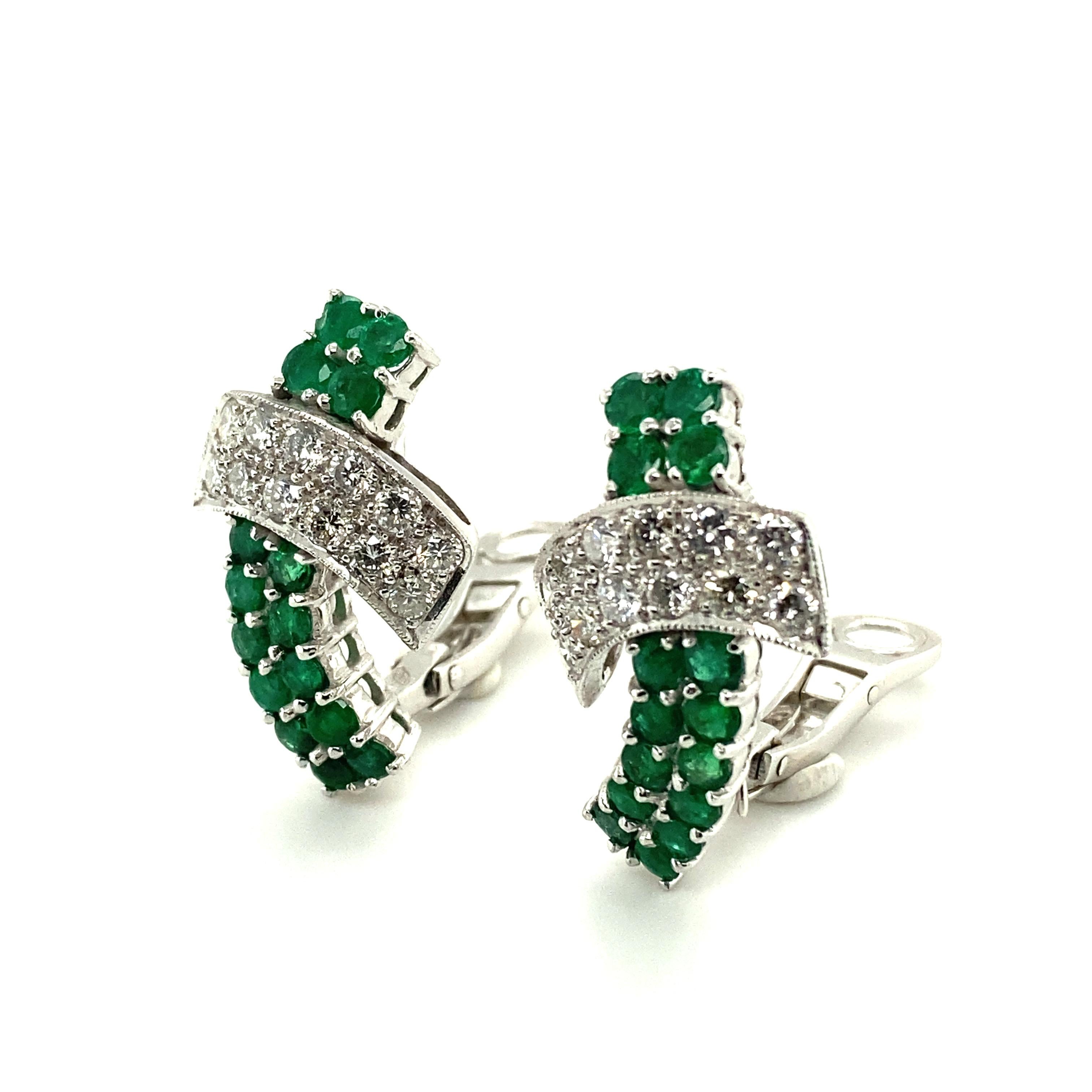 Brilliant Cut Emerald and Diamond Earclips in 18 Karat White Gold