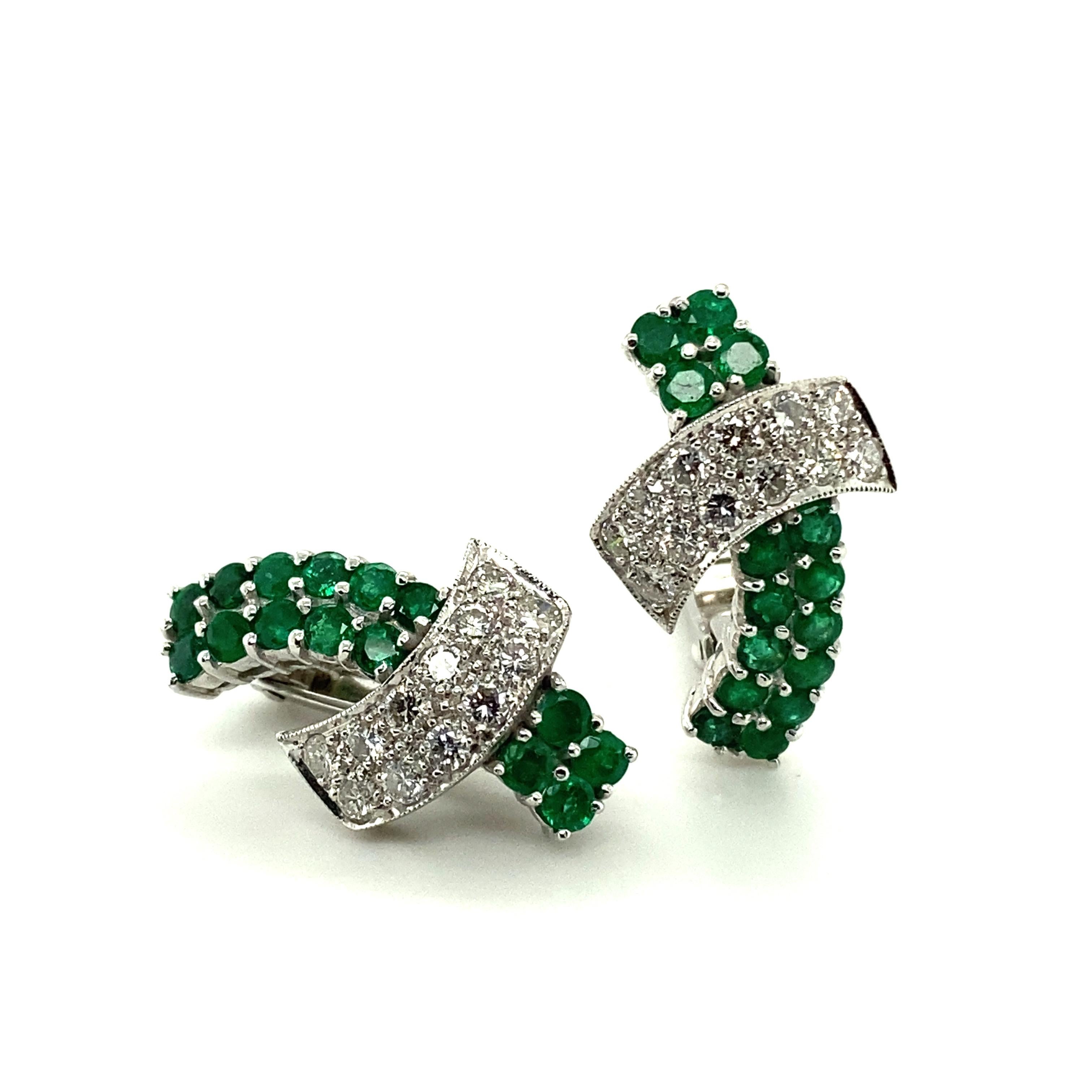Women's or Men's Emerald and Diamond Earclips in 18 Karat White Gold